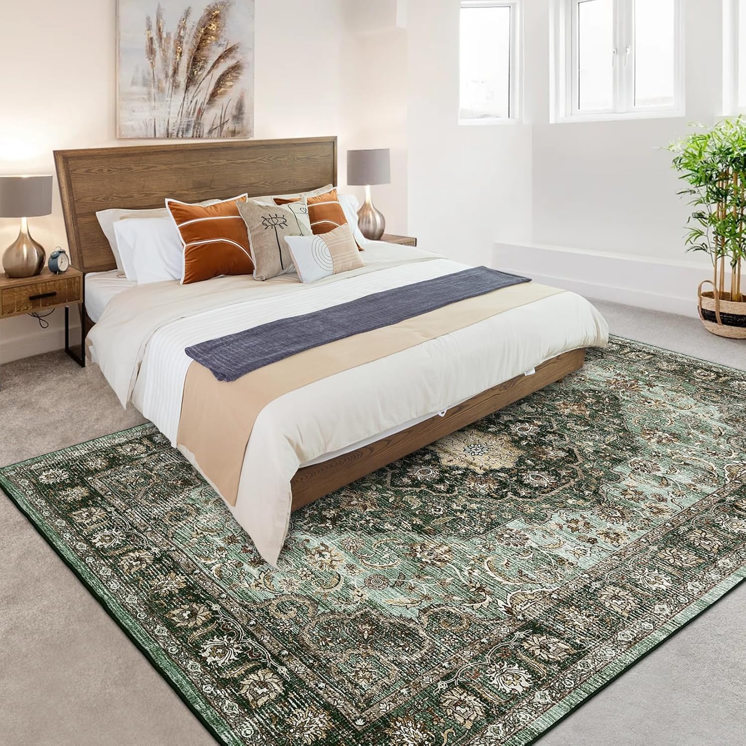 Green Floral 2' x 6' Washable Non-Slip Runner Rug