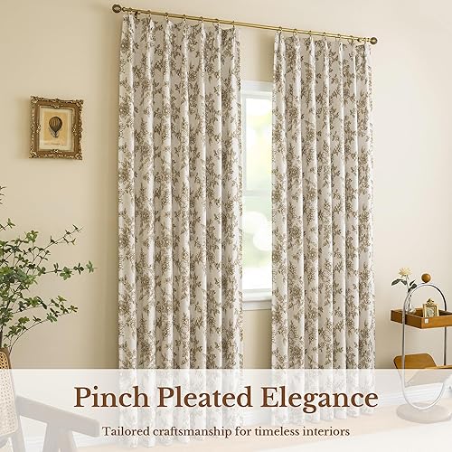 Miniatura 3 de Cortinas plisadas florales 100% opacas para dormitorio, 84 pulgadas, para sala de estar, comedor, mezcla de lino de lujo, cortinas de oscurecimiento