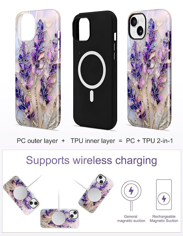Jusy Compatible with MagSafe Stained Glass Case for iPhone 13/14, Cute Aesthetic Flower Magnetic Phone Case, Soft TPU and Hard PC Protective Phone Cover for Women Girls (Shiny) - Purple Lavender by Jusy - Used condition - Image 2