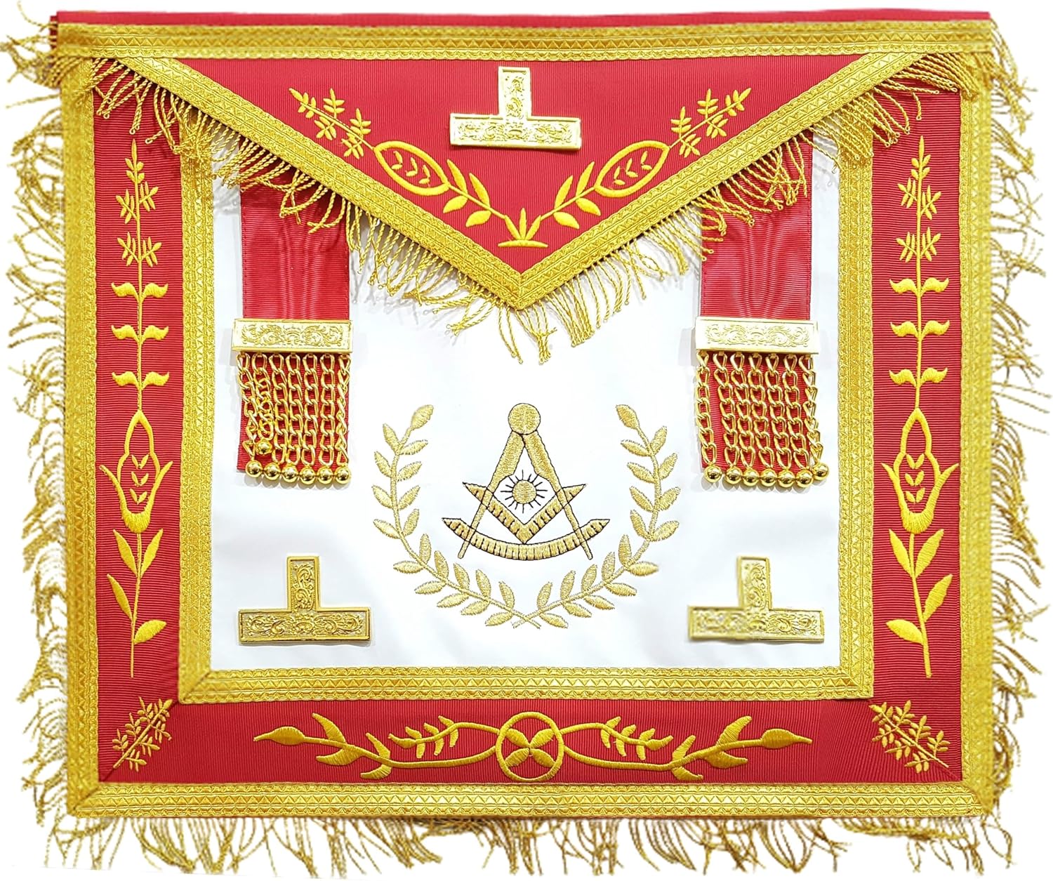 BRICKS MASONS Past Master Blue Lodge Apron - Red Gold Machine Embroidery
