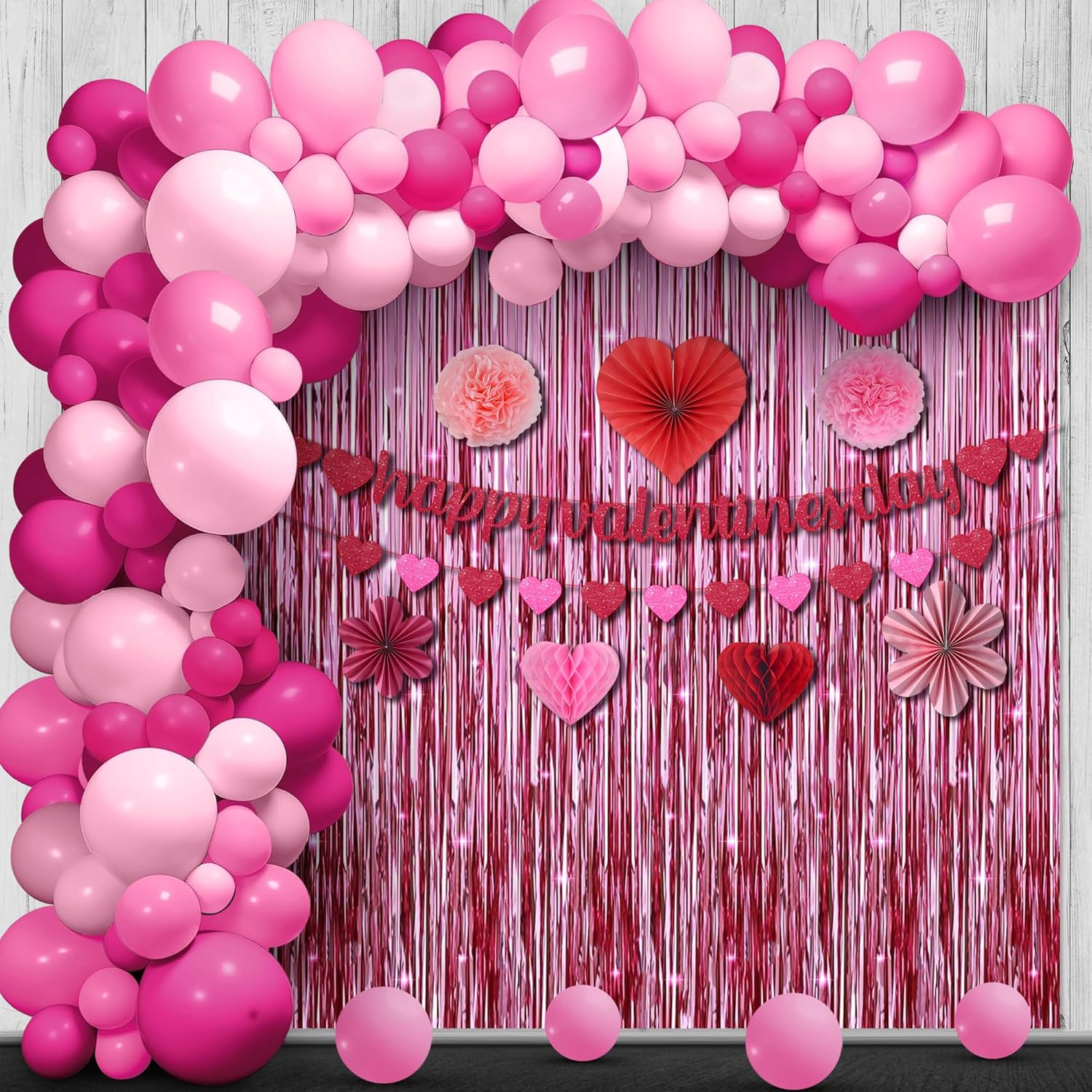 KatchOn, Pink Backdrop for Pink Party Decorations - Pack of 2 | Pink Balloon Arch Kit - Pack of 186 | Happy Valentines Day Banner Set - Pack of 9 | Valentines Day Decorations | Galentines Day Decor