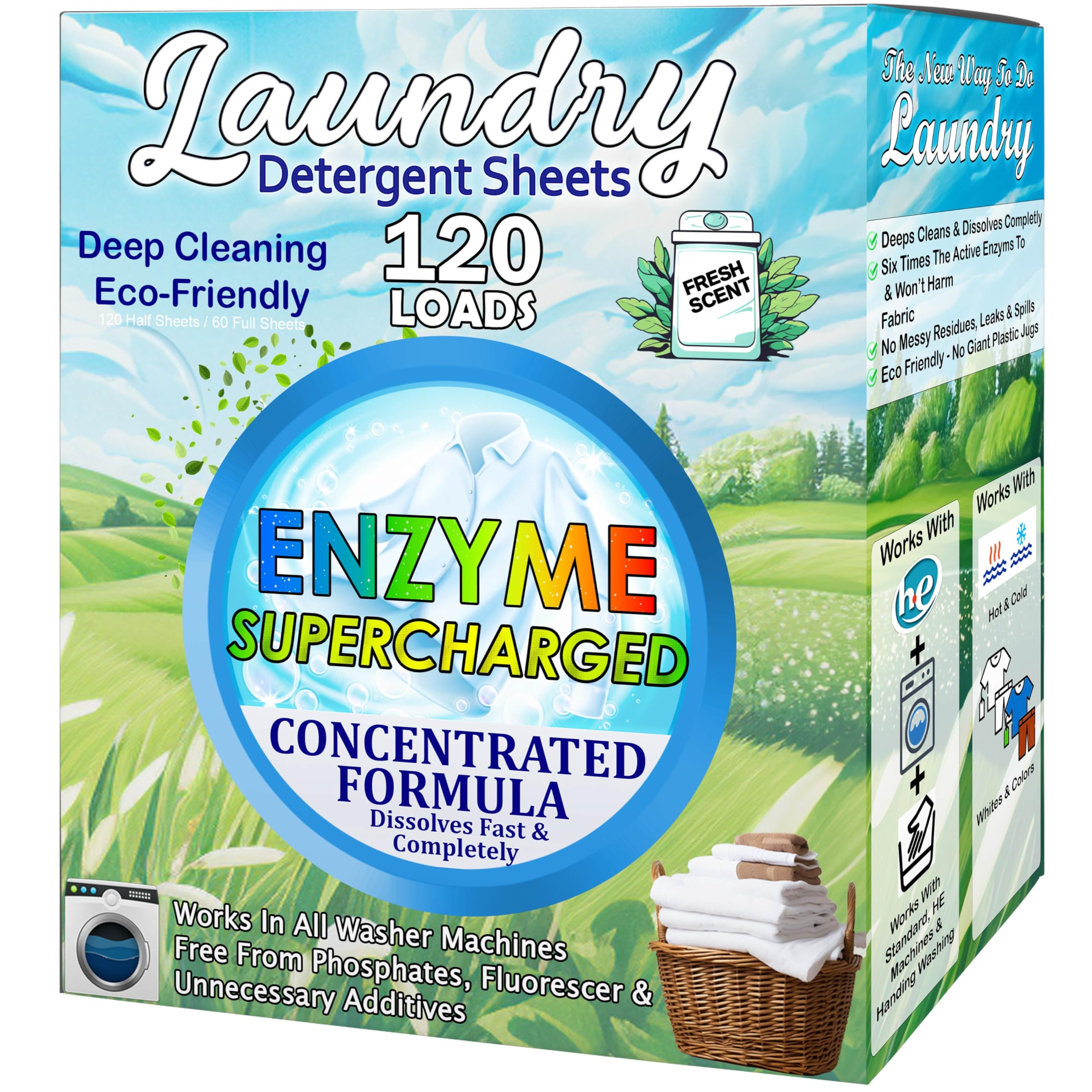 Laundry Detergent Sheets (120 Loads) Eco-Friendly, Hypoallergenic, & Enzyme-Based Powerful Stain Removal - Convenient for Travel & Space-Saving - Fresh Scent (Fresh Scent)