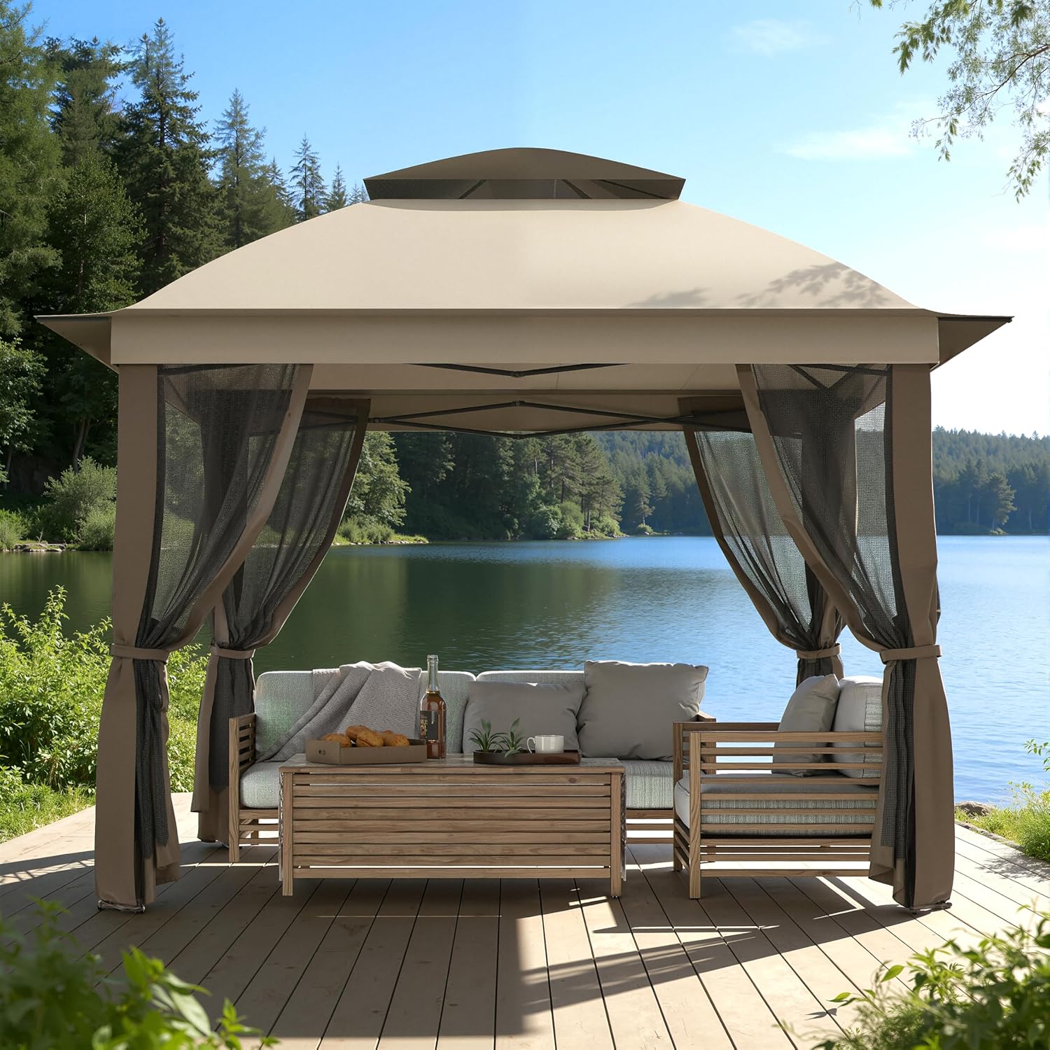 11'X11' Gazebo Pop Up with 4 Sidewalls Mosquito Netting, Heavy Duty Patio Gazebo Canopy Tent with Double Air Roofs for Backyards, Patios, Decks, Gardens, Parks