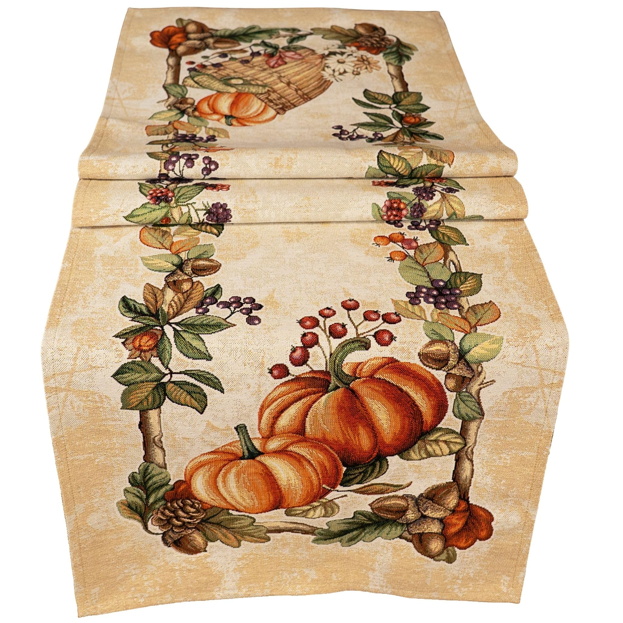 Tischläufer Herbst 45 x 140 cm mit gewebtem Kürbismotiv Gobelin-Art - Tischdeko für Küche & Tisch