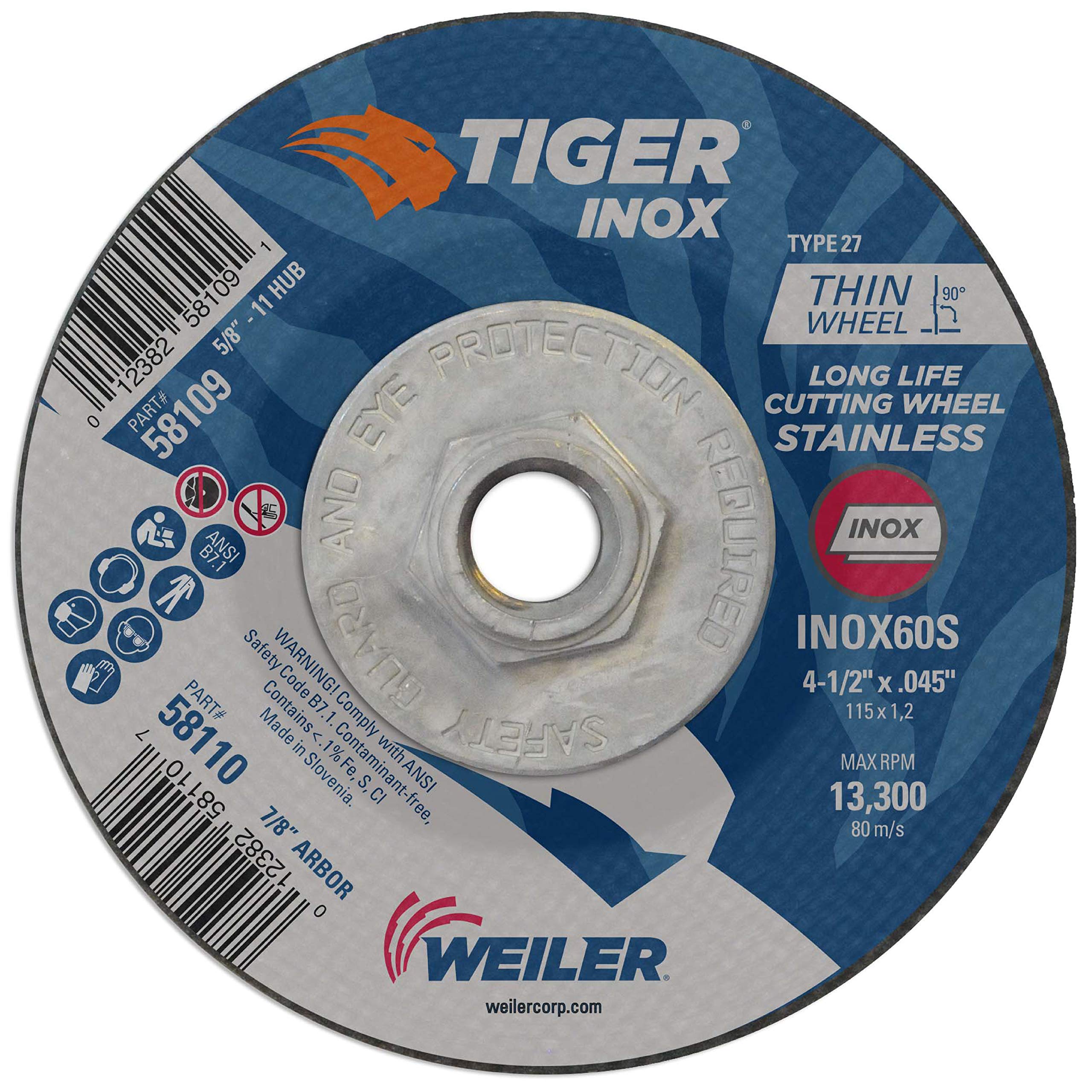 Weiler 58109 - Rueda de corte tipo 27 de tigre (4,1/2" x 0,045", INOX60S, 5/8"-11 tuercas (Pack de 10) Flauta de ángulo de corte de revestimiento (Pack de 10)