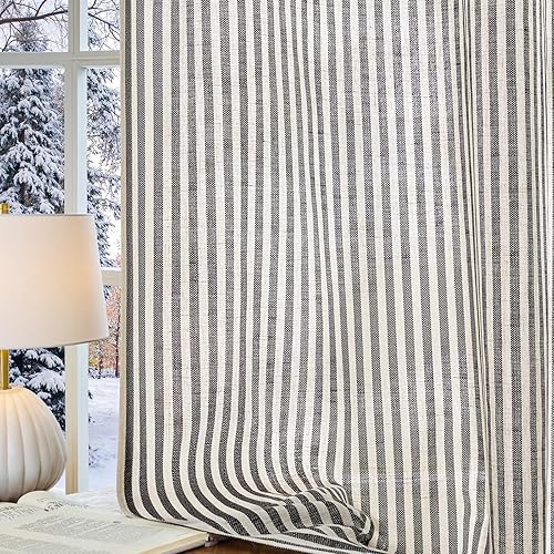 Miniatura 7 de Vangao Cortinas de mezcla de lino negras con estampado de rayas negras con estampado de rayas de color beige de 63 pulgadas de largo para sala de