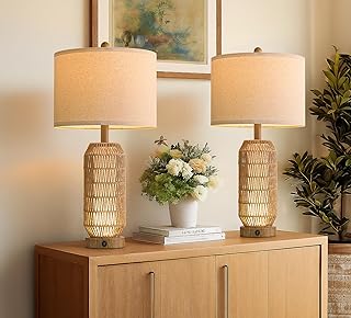 OYEARS 25" Table Lamps Set of 2 with Night Light,Bedside Lamps for Bedroom,Boho Lamps with USB C+A Charging Ports,Farmhouse Table Lamp with Rattan,Frosted Glass,Linen Shade,Wood Grain (Bulb Included)