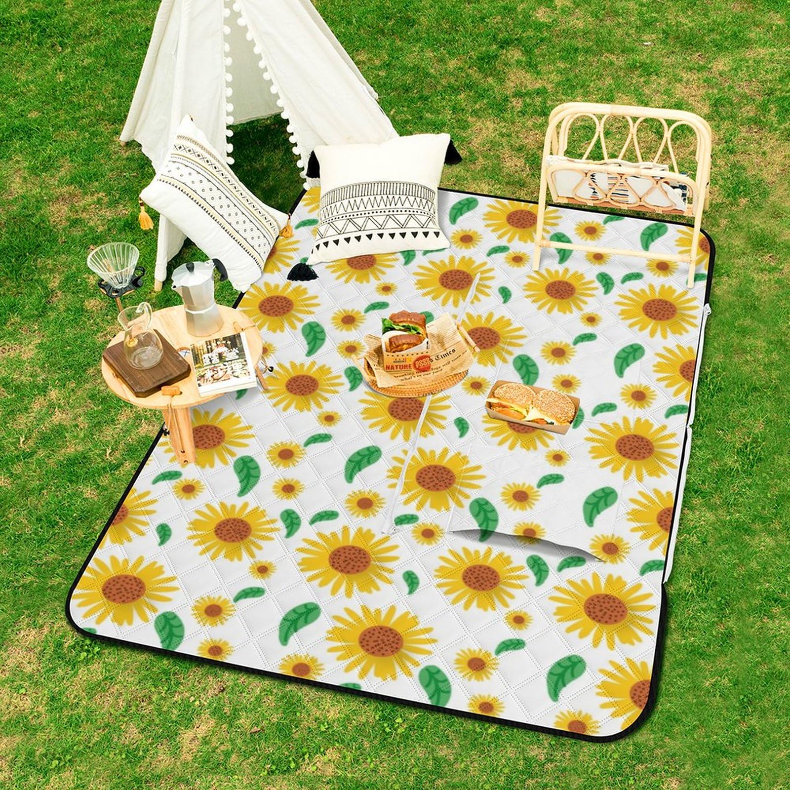Surwin Picnic Blanket Waterproof, 3D Sunflower Pattern Outdoor Picnic Mat 2 in 1 Picnic Rug Convertible to Shoulder Bag, 150x100cm Beach Picnic Rug Foldable Beach Blanket (Cartoon)