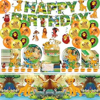 Pack of 112 King Lion Birthday Decoration Party Tableware Paper Plates Children's Birthday Party Plates Cups Balloons Invitation Card Gift Bag Birthday Decoration for 10 People