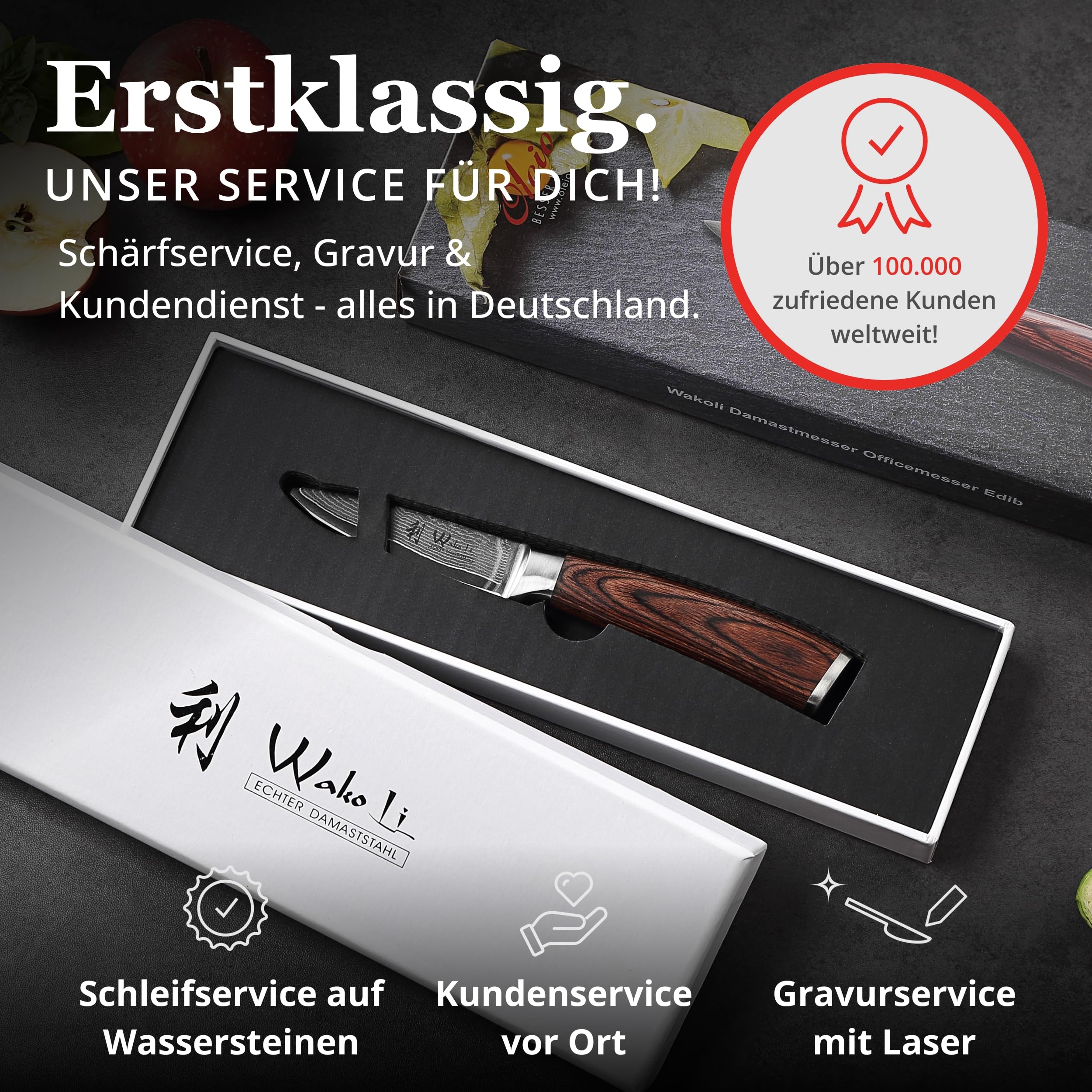 Wakoli EDIB Officemesser aus echtem Damaststahl (VG10 Kern) mit 8,5 cm Klinge – Scharf und handlich – Kleines Küchenmesser, Obstmesser & Gemüsemesser – Damastmesser mit Pakkaholzgriff in Geschenkbox