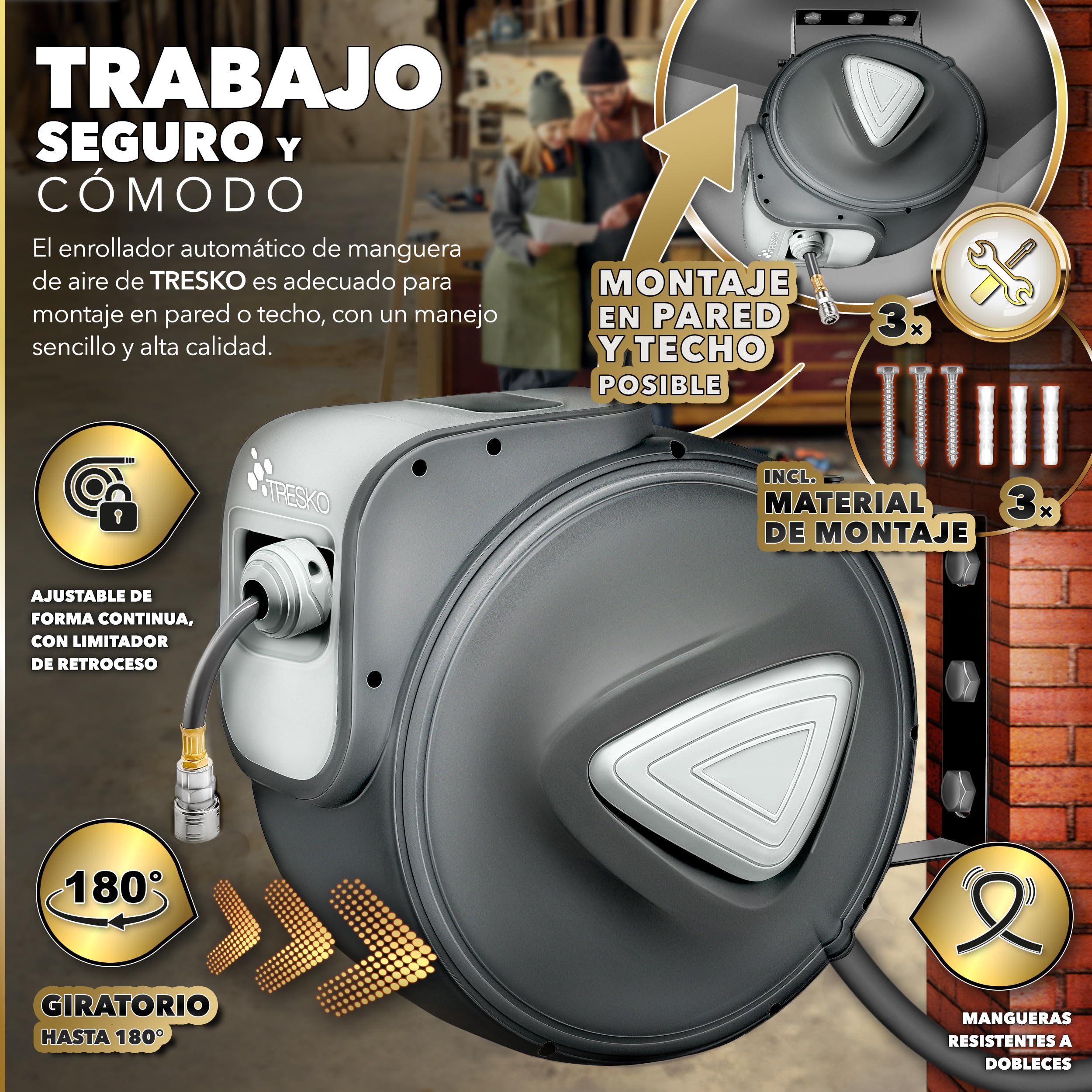 TRESKO® Carrete de Manguera de Aire Comprimido de 30 m | Conector de 1/4" | Enrollador de Manguera Automático | con Soporte para Pared | Rotación de 180° | Tope Final Ajustable, Gris