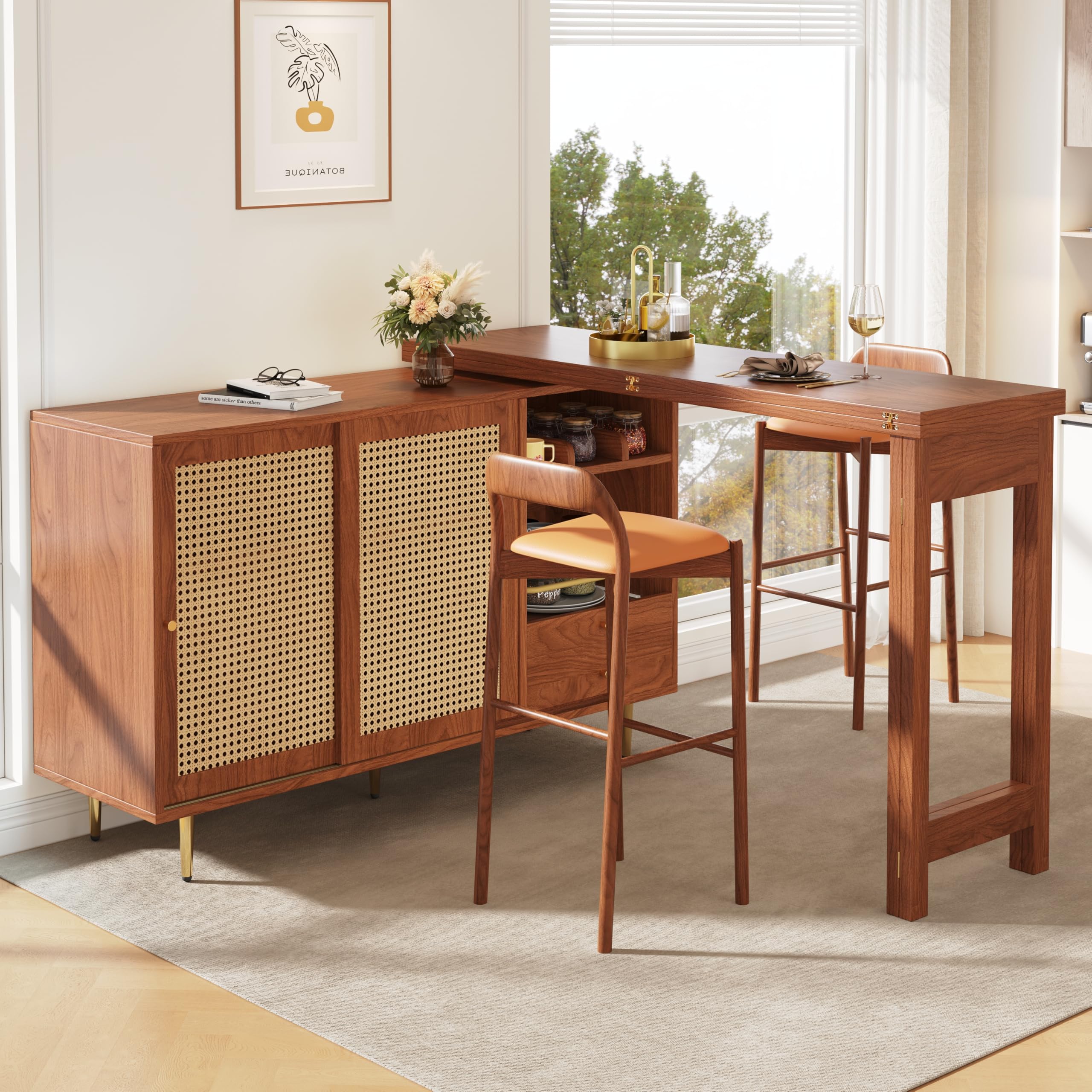Merax Ausziehbarer Bartisch mit Stauraum, Um 360° drehbarer Stehtisch mit klappbarem Esstisch, schwarzer ausziehbarer Design-Stehtisch, mit Rattantür & Lagerregal, Braun/120-187X80X76CM