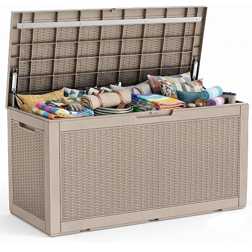PatioZen 150 Gallon Resin Deck Box, Lockable Patio Outdoor Storage Box for Furniture, Garden Tools and Tools Storage, Waterproof Outside Storage Boxes - Grey