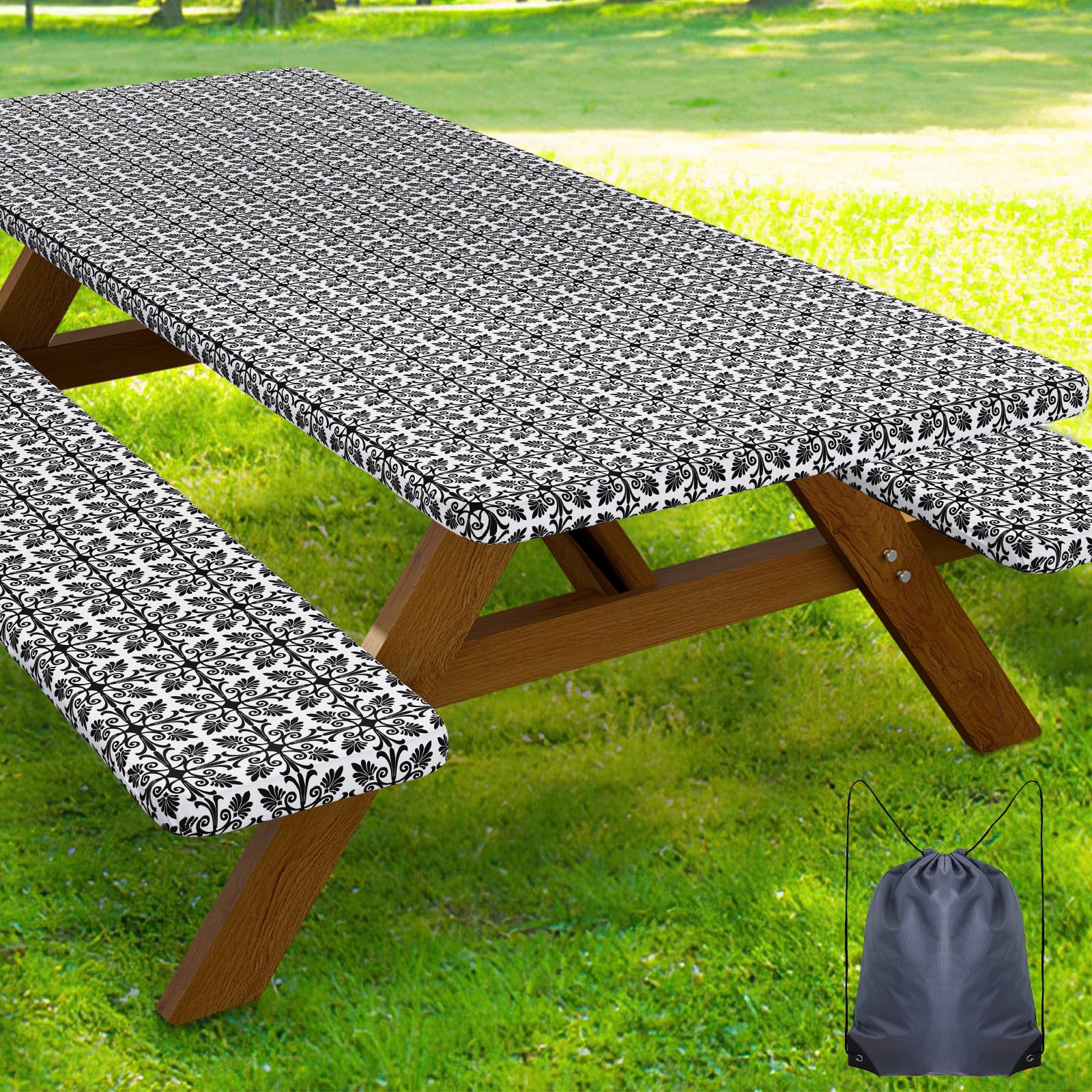 Smiry Picnic Table Cover with Bench Covers, Waterproof Elastic Fitted Tablecloth for 6 Foot Tables, Washable Polyester Tablecloths for Camping, Indoor &amp; Outdoor (Charcoal &amp; White, 30x72 Inch 3-pc Set)