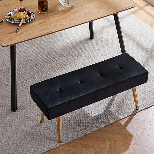 Miniatura 5 de Banco otomano de terciopelo negro, diseño simple, banco de comedor de terciopelo suave copetudo para cocina, banco de entrada tapizado con patas de