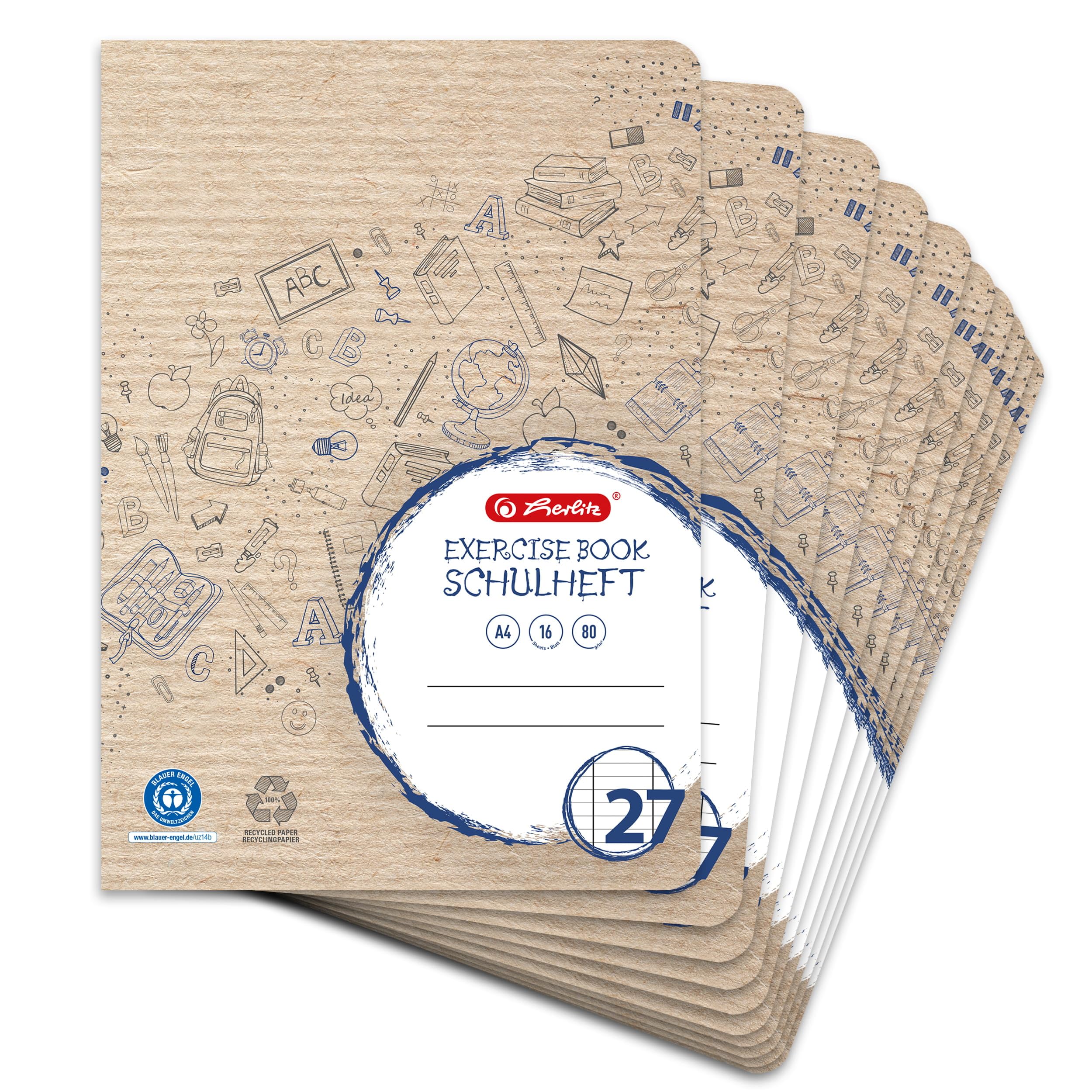 'Recycled "LANDRE 100050215 Notepad A4 16 Sheets Line Style 25 (Lined/Margin 80 g/m², Blue Angel Environment Sign (Pack of 10 Book "Recycling", A4, 16 Pages, Lineage 27 - Lined / Margin Left and Right 0