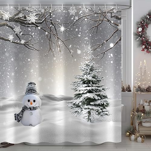 Cortina de ducha de Navidad, cortina de baño de copos de nieve azul de invierno, bosque de invierno, ciervos, campo nevado, paisaje, pino,