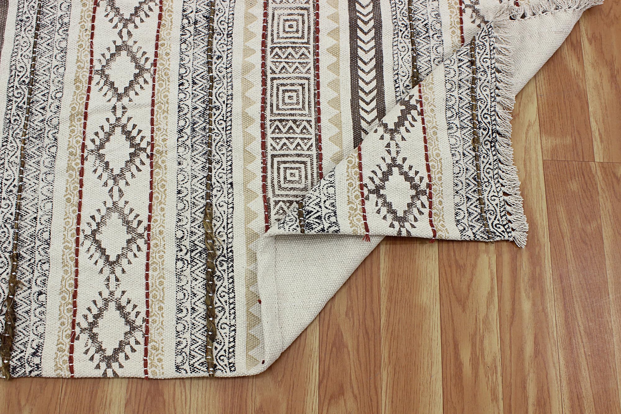 Kilim Bieżnik bawełniany 2,6 x 4, beżowy i brązowy chodnik boho, do wewnątrz, na zewnątrz, bieżnik, 0,5 cm, kamień, łatwy do prania, pranie ręczne, bawełniany dywan, płaski splot chodników do kuchni,