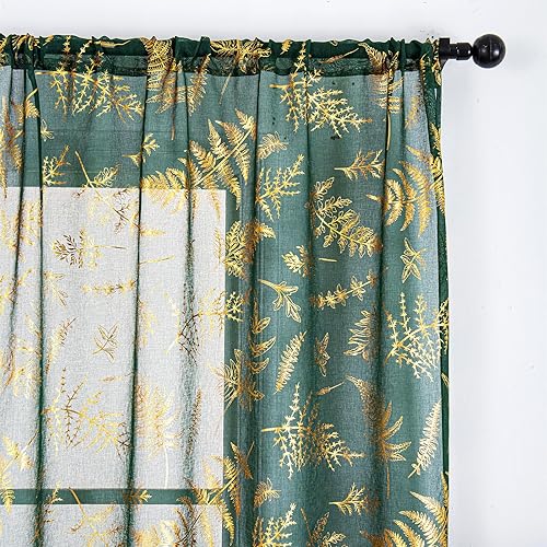Miniatura 4 de Deeprove Juego de 2 paneles de cortinas traslúcidas de 63 pulgadas de largo, papel de aluminio dorado metálico hawaiano estampado de hojas para