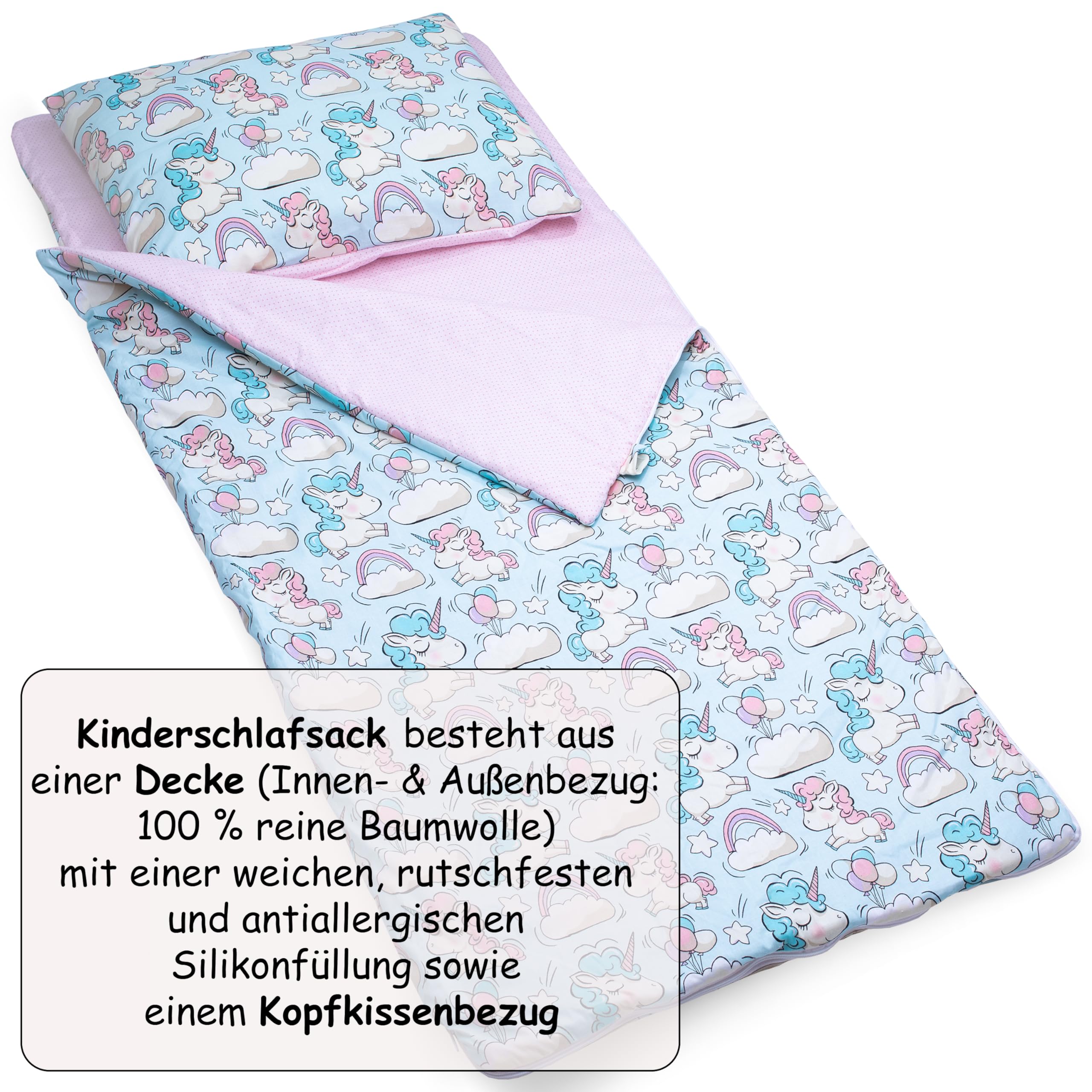 PinkZebra Schlafsack Kinder 140x75 cm mit Kissenbezug 60x40 cm & Beutel, Öko-Tex, Einhorn