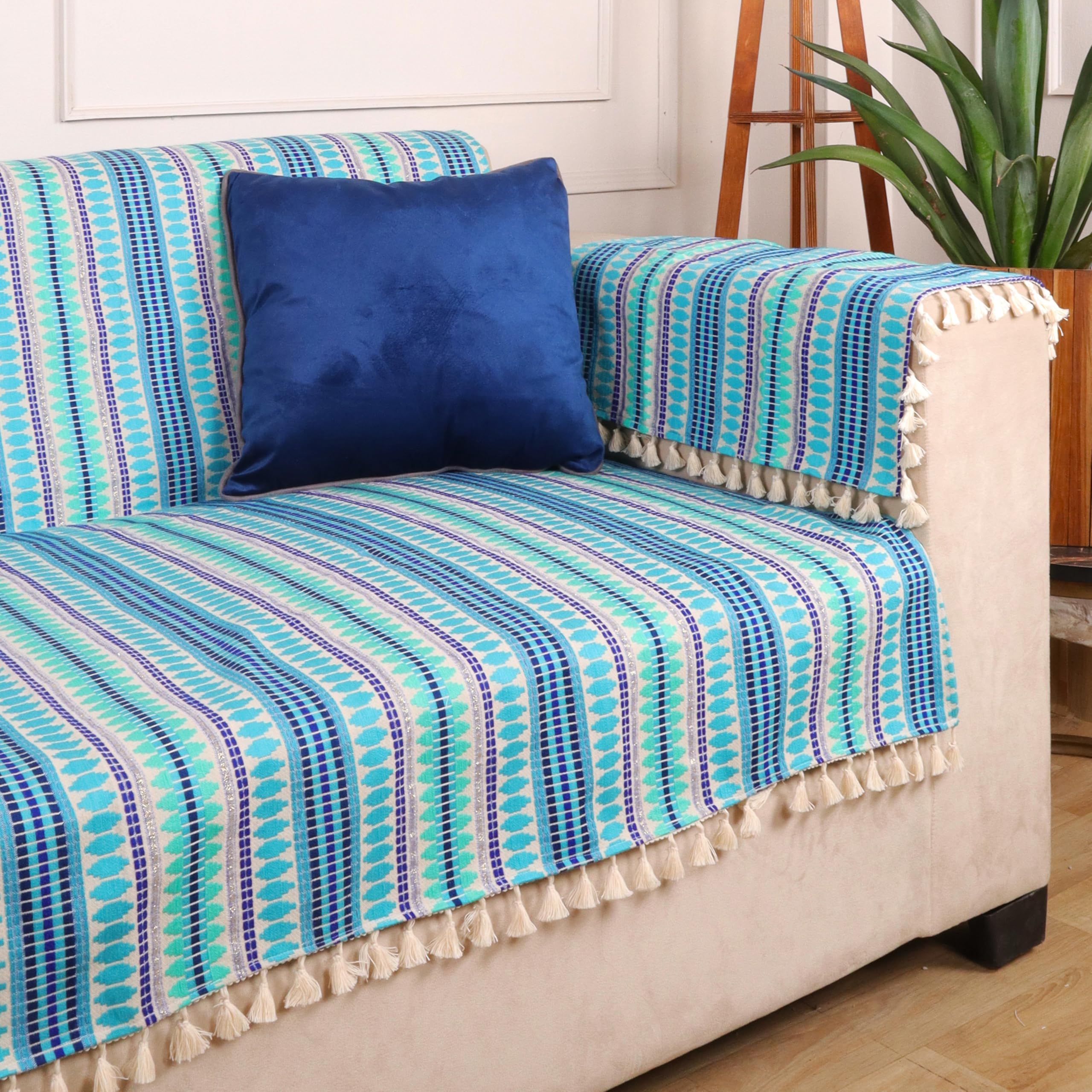 STITCHNEST Woven 1 Seater Sofa Protector with 2 Hand Rest Covers – Blue & White Stripe Design – Washable Fabric with Tassels – Stylish Sofa Cover for Modern Living Room & Furniture Décor