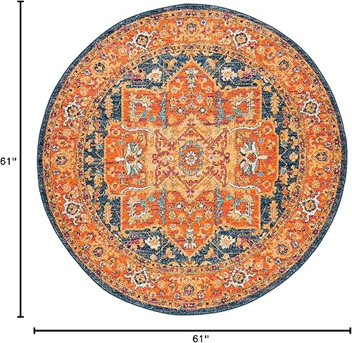 Miniatura 2 de SAFAVIEH Evoke Collection Alfombra - 5'3" Redonda, Azul & Naranja, Diseño Oriental Envejecido y Medallón, No Desprende Pelusa y Fácil Cuidado, Ideal
