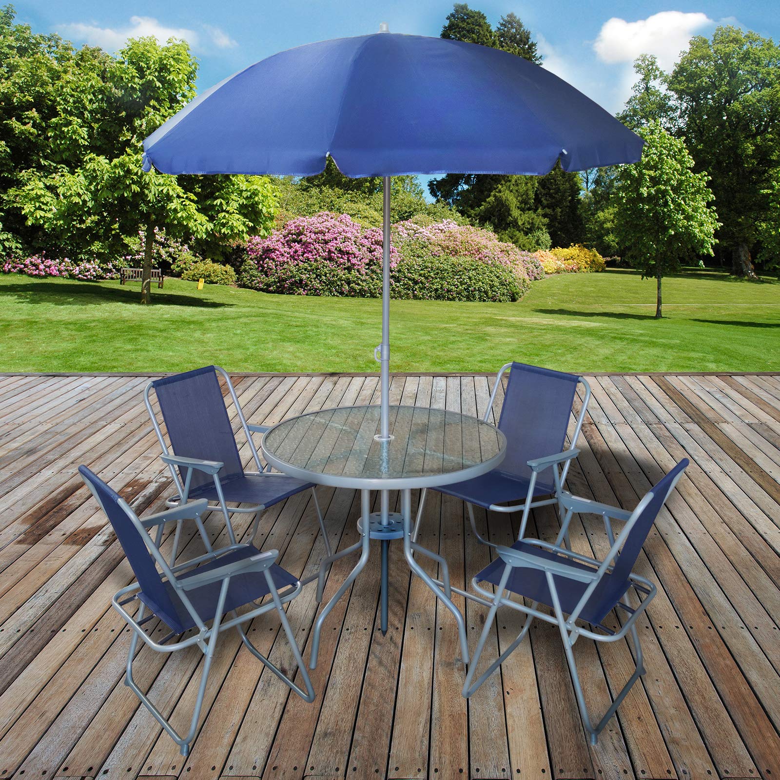marko 6PC Garden Patio Furniture Set Outdoor Navy 4 Seats Round Table Chairs & Parasol