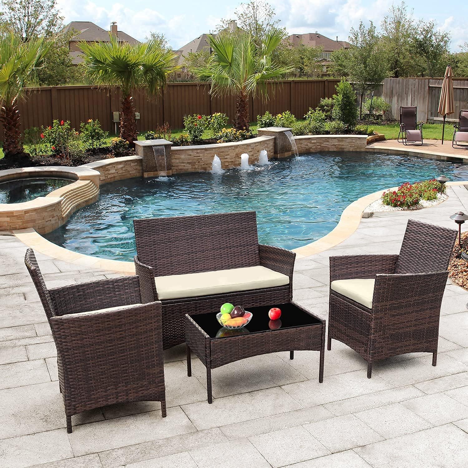 4 Pieces Outdoor Patio Rattan Furniture Sets, Wicker Outdoor Furniture Sets & Conversation Sets with Cushion, Outdoor/Indoor Rattan Wicker Chair with Coffee Table for Balcony Garden