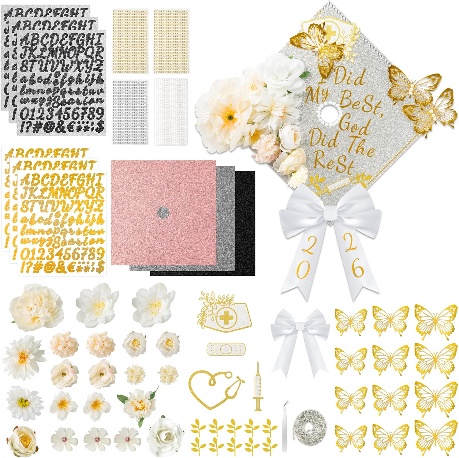 WATINC Graduation Cap Decorations Kit - Class of 2026 DIY Grad Hairband Cap with 3D Butterfly Flowers Bow Rhinestones Pearl Letter Stickers, for Hat Topper Crafts School Party Supplies (White Gold)