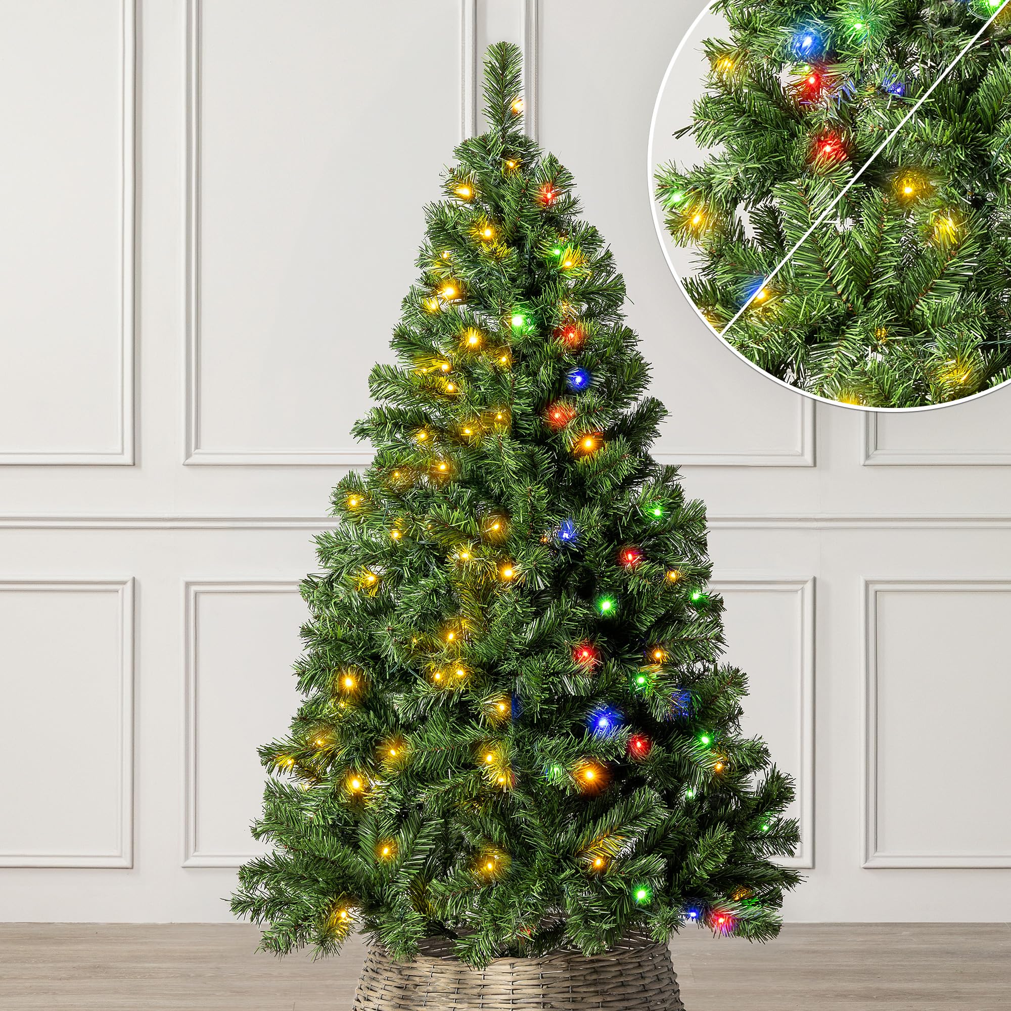 Christow 5Ft - Aspen Spruce Pre-Lit Artificial Christmas Tree 5Ft With Dual-Colour Led Lights (Switch From Warm White To Multi-Coloured, Aspen Spruce, Bushy Pvc Tips, 11 Modes – Colour Changing, Timer, 97Cm Diameter
