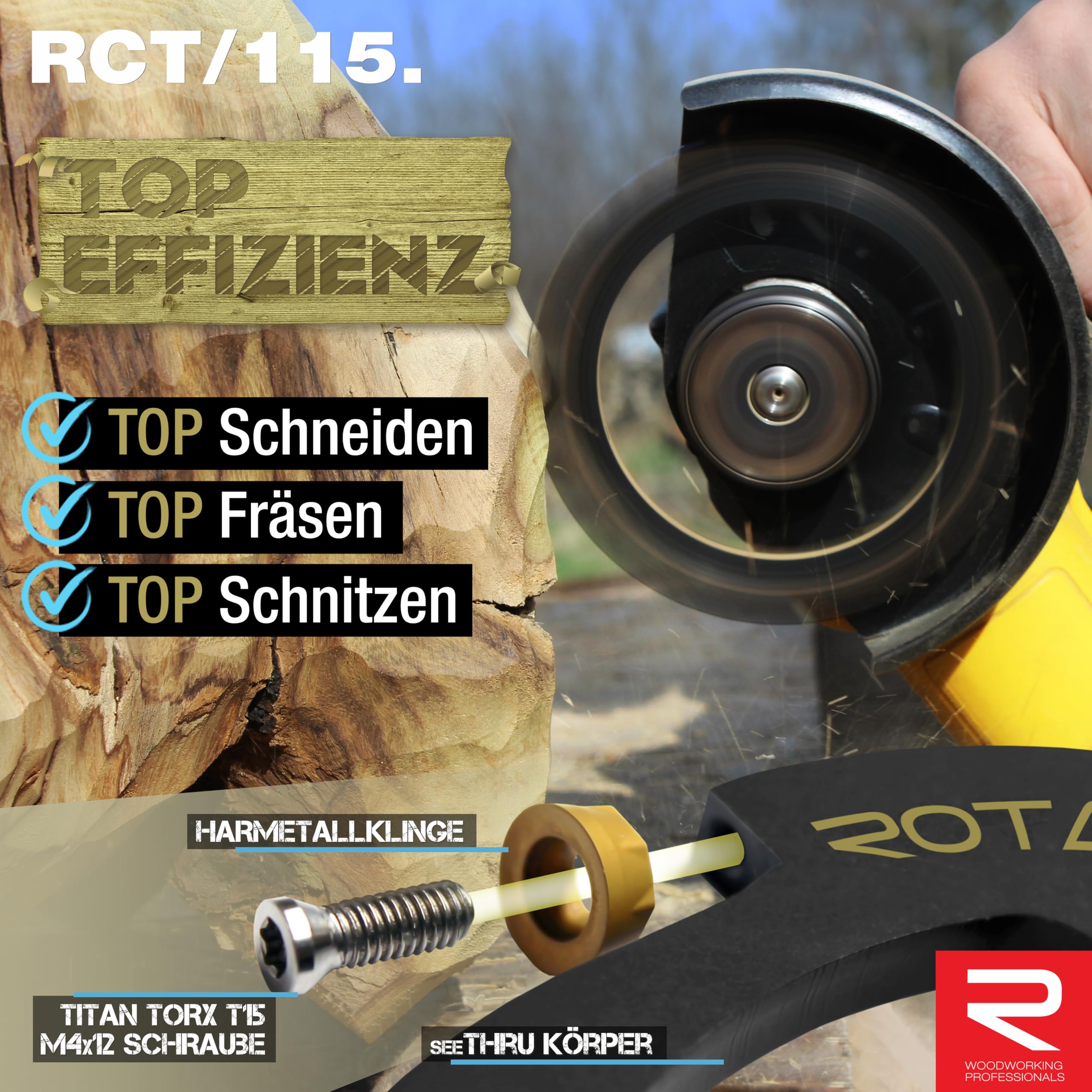 ROTAREX Profi-Tarcza do rzeźbienia w drewnie – Tarcza do drewna z ostrzem z węglika spiekanego i śrubami tytanowymi - Ø 115 mm x 22,2 mm