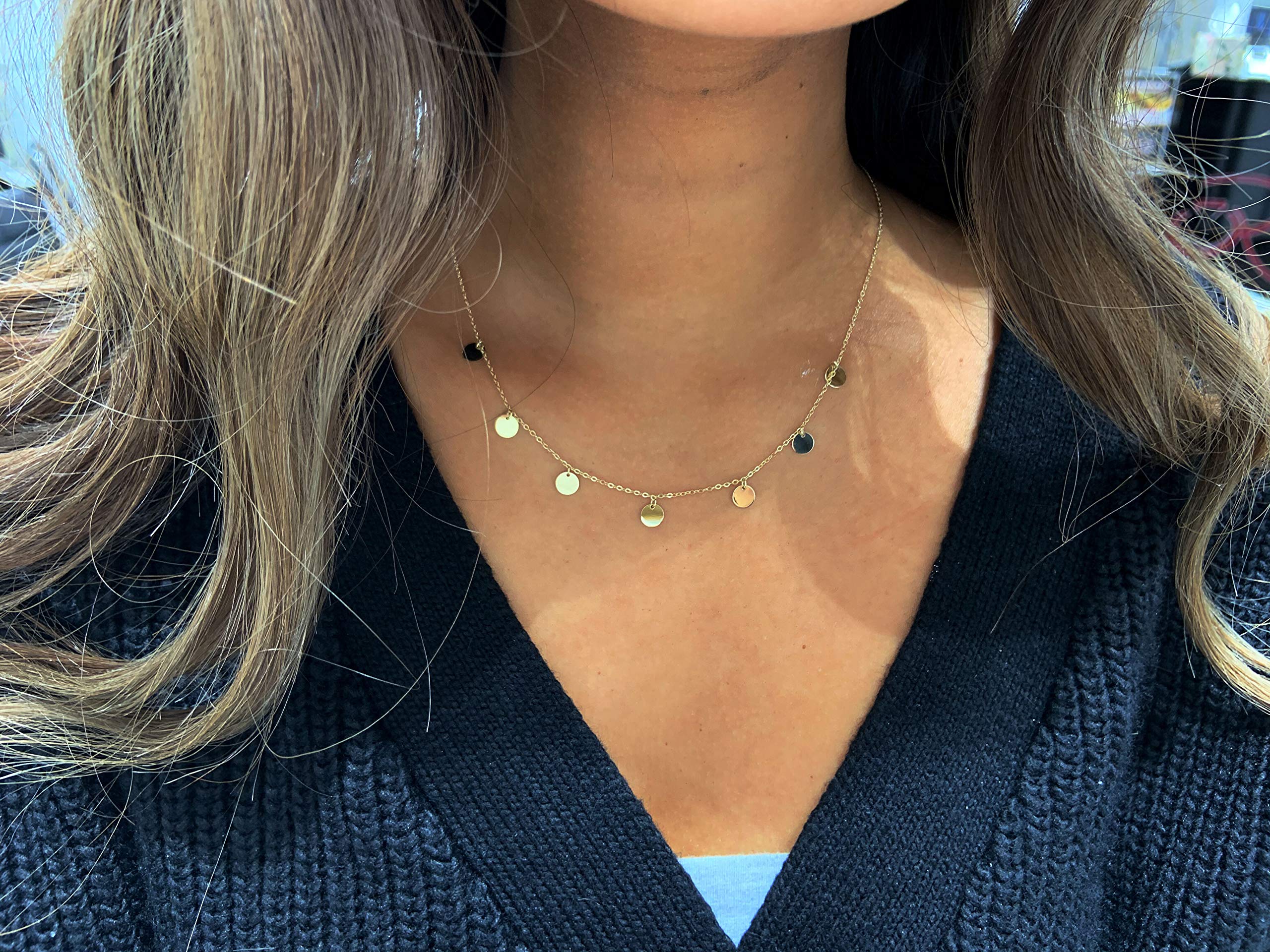 Damen Halskette mit 7 Plättchen 585 Gold Kreis Kette Collier Schmuck