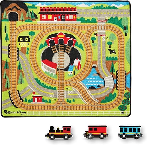 Melissa & Doug Round The Rails - Alfombra de tren con 3 enlaces de madera (39 x 36 pulgadas)