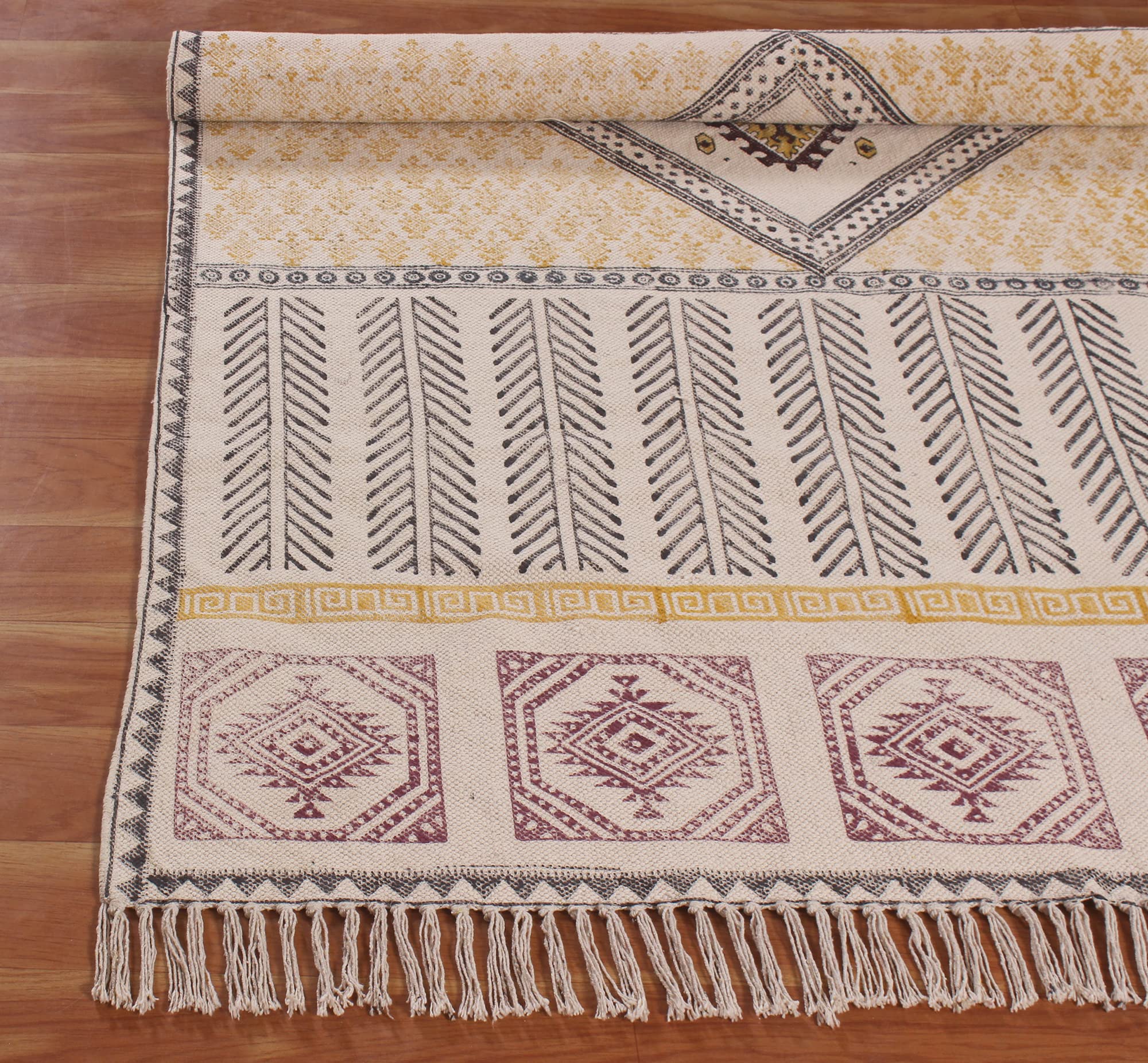 Tappeto da bagno in cotone intrecciato a mano con nappe e stampa a blocchi di mano, per interni, per camera da letto, soggiorno, dimensioni personalizzate, quadrato, 60 x 90 cm