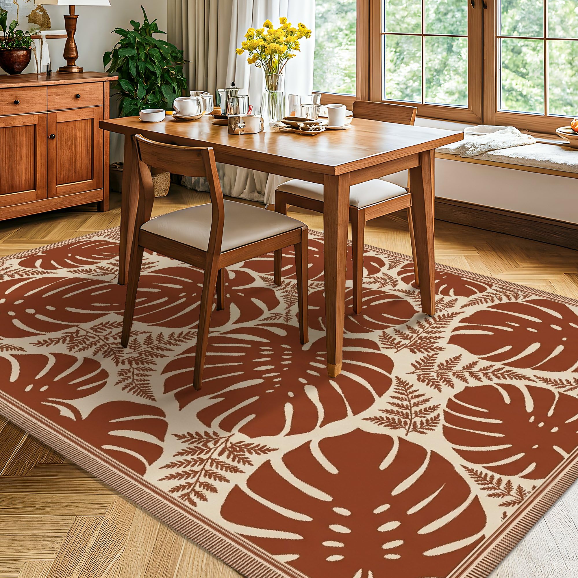 Monstera Alfombra de área tropical, natural, hojas de helecho, verano, marrón, de pelo bajo, esponjosa, suave, rectangular, resistente a las manchas, para sala de estar, dormitorio, aula, decoración