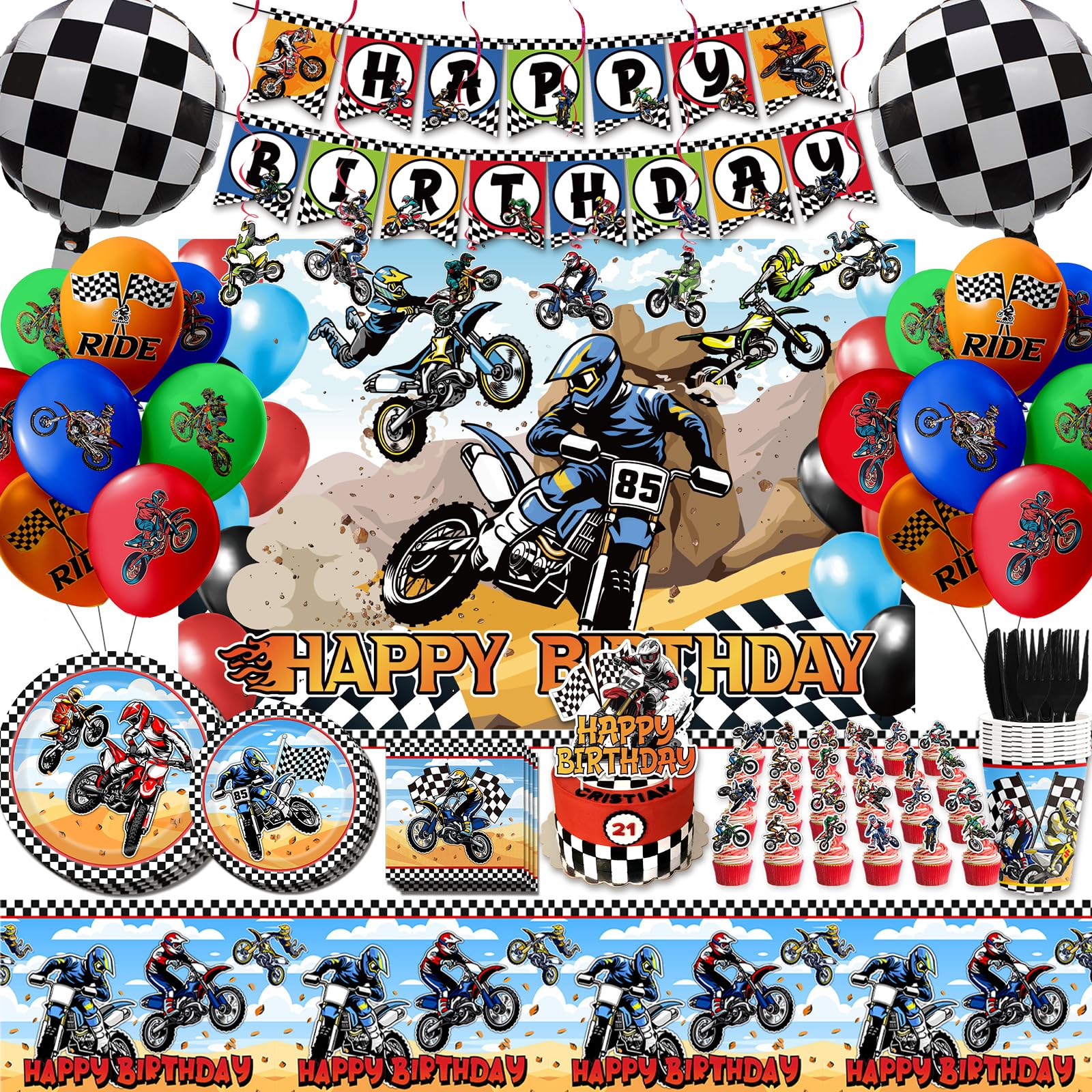 Photo 1 of 124 PCS Dirt Bike Birthday Party Decorations Set Motocross Theme Party Supplies Motorcycle Birthday Decorations for Fans Tableware Banner Kit for Motocross Themed Celebrations