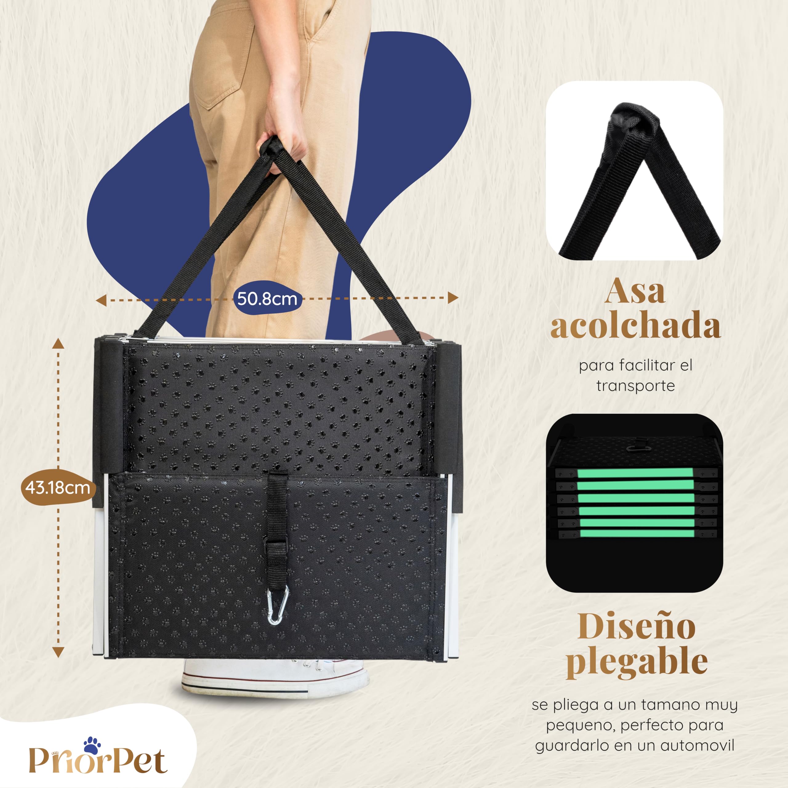 Escalera para Perros Coche Plegable – Escalera Extra Ancha para Perro Grandes – Rampa para Coches Altos y SUV – Brilla en la Oscuridad – Superficie Antideslizante – hasta 105 kg – 4 peldaños