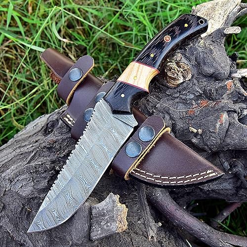 Cuchillo de acero de Damasco hecho a mano para caza, cuchillo de hoja fija para camping, supervivencia y actividades al aire libre, 10 pulgadas de