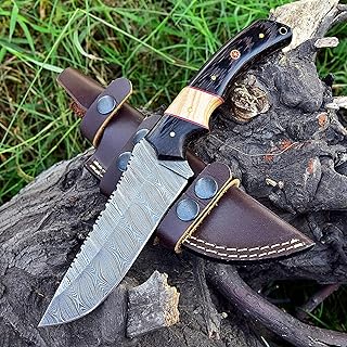 Handmade Damascus Steel Knife Hunting Fixed Blade Knife For Camping, Survival and Outdoor Activities 10 Inches Overall Length with Leather Sheath, Olive & Wenge Wood Handle 348-Y - BG Knives