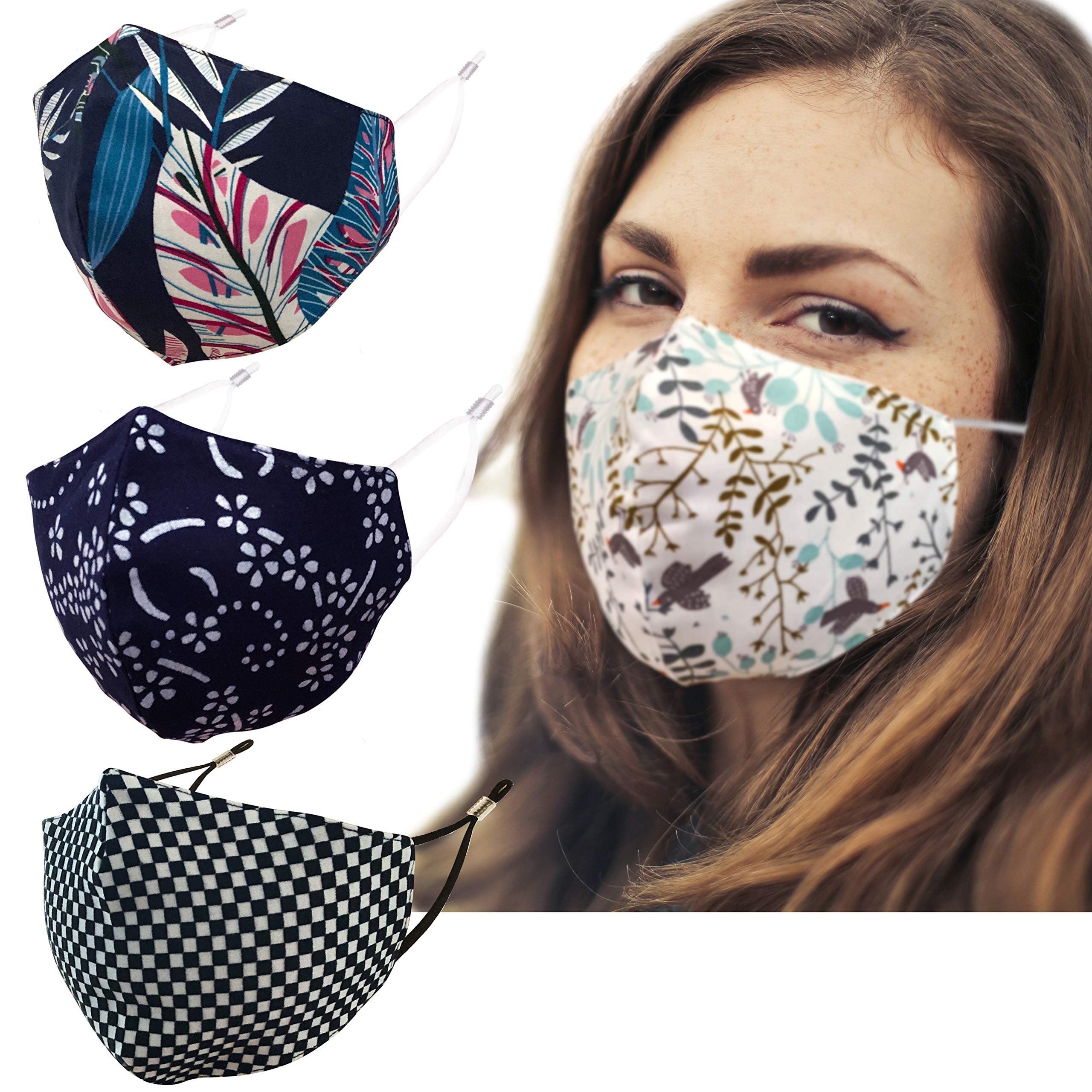 3 Pack Stylish Reusable Washable Comfortable Face Mask with Nose Wire, Filter Pocket, Ear Adjusters