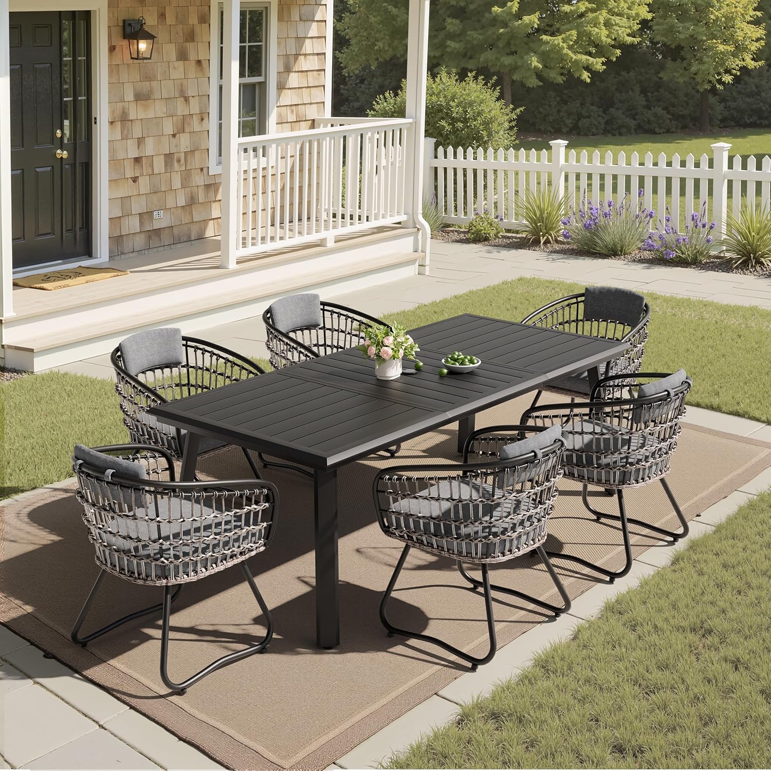 Pellebant Products 5 Piece Patio Dining Set with Folding Chairs and Table Outdoor Dining Furniture with Square Glass Tabletop, Umbrella Hole for Bistro, Garden, Backyard, Deck(Grey)