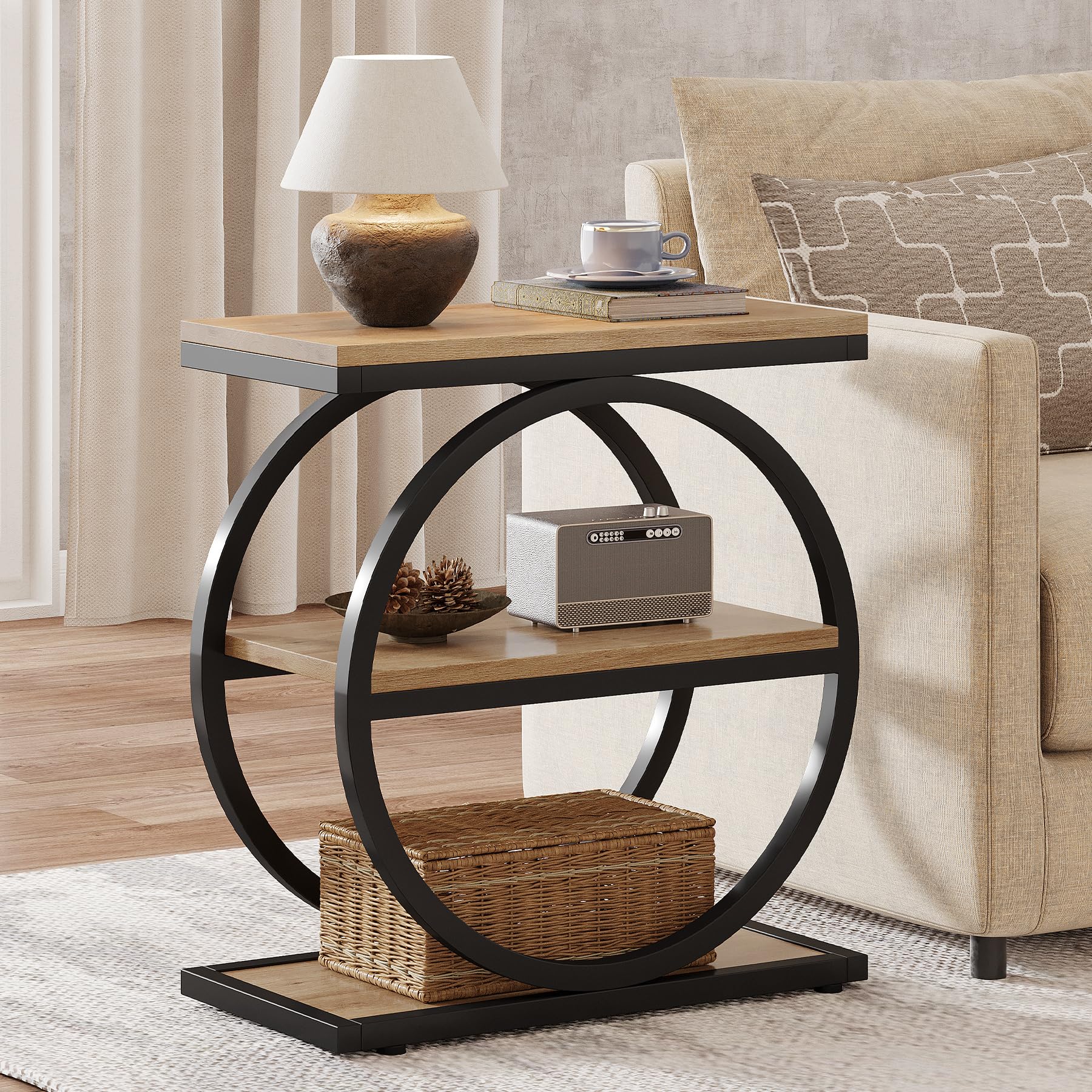 Tribesigns Side End Table with 3 Storage Shelves, Industrial Sofa Table with Round Metal Frame for Living Room, Engineered Wood Nightstand for Bedroom