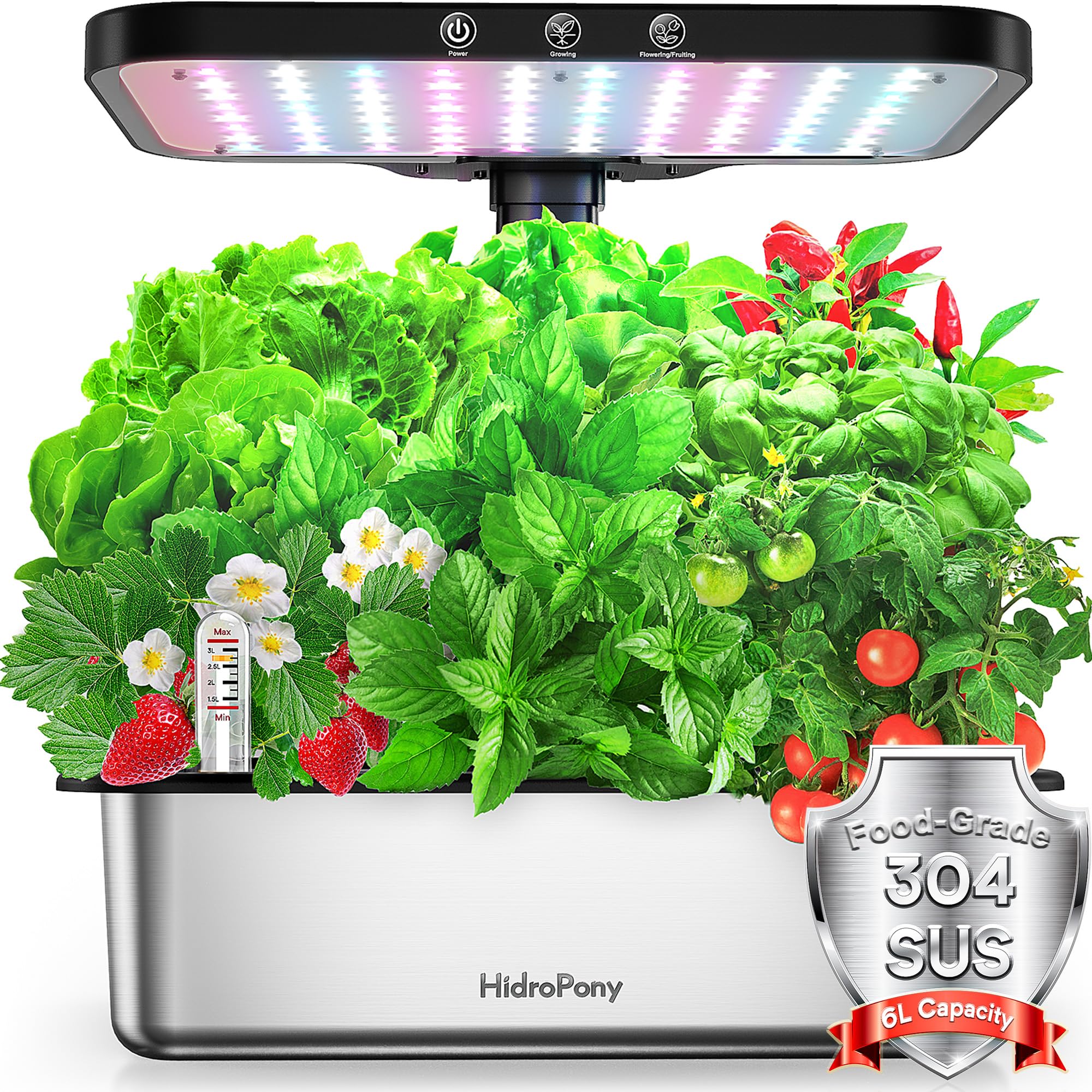 Kit sistema di coltivazione idroponica in acciaio inossidabile per giardino interno: 15 baccelli da giardino con luce a spettro completo da 24 W, sistema di giardinaggio idroponico con pompa