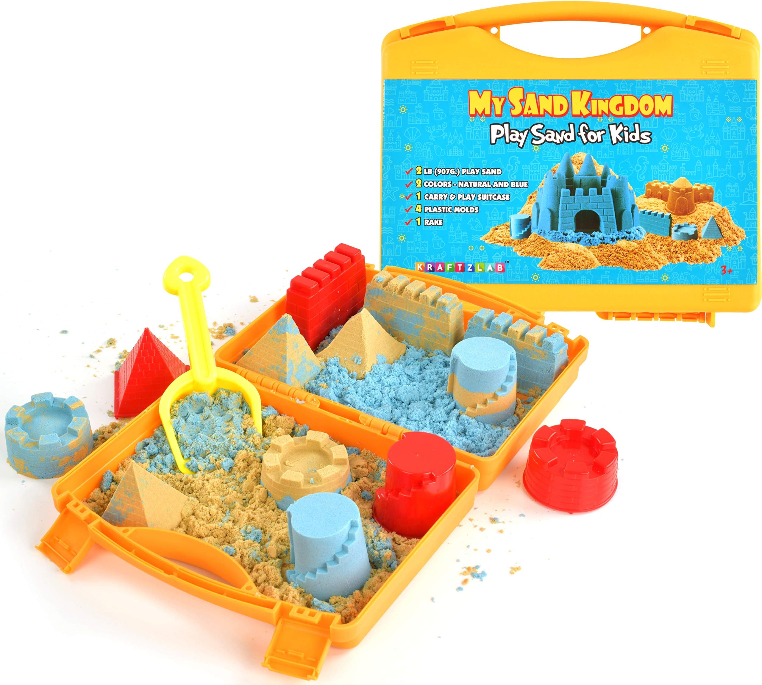 KRAFTZLAB Molding Play Sand for Kids | 2lb of Moldable Sand, 2 Colors Neutral and Blue, Folding Sandbox, Sand Molds and Tools