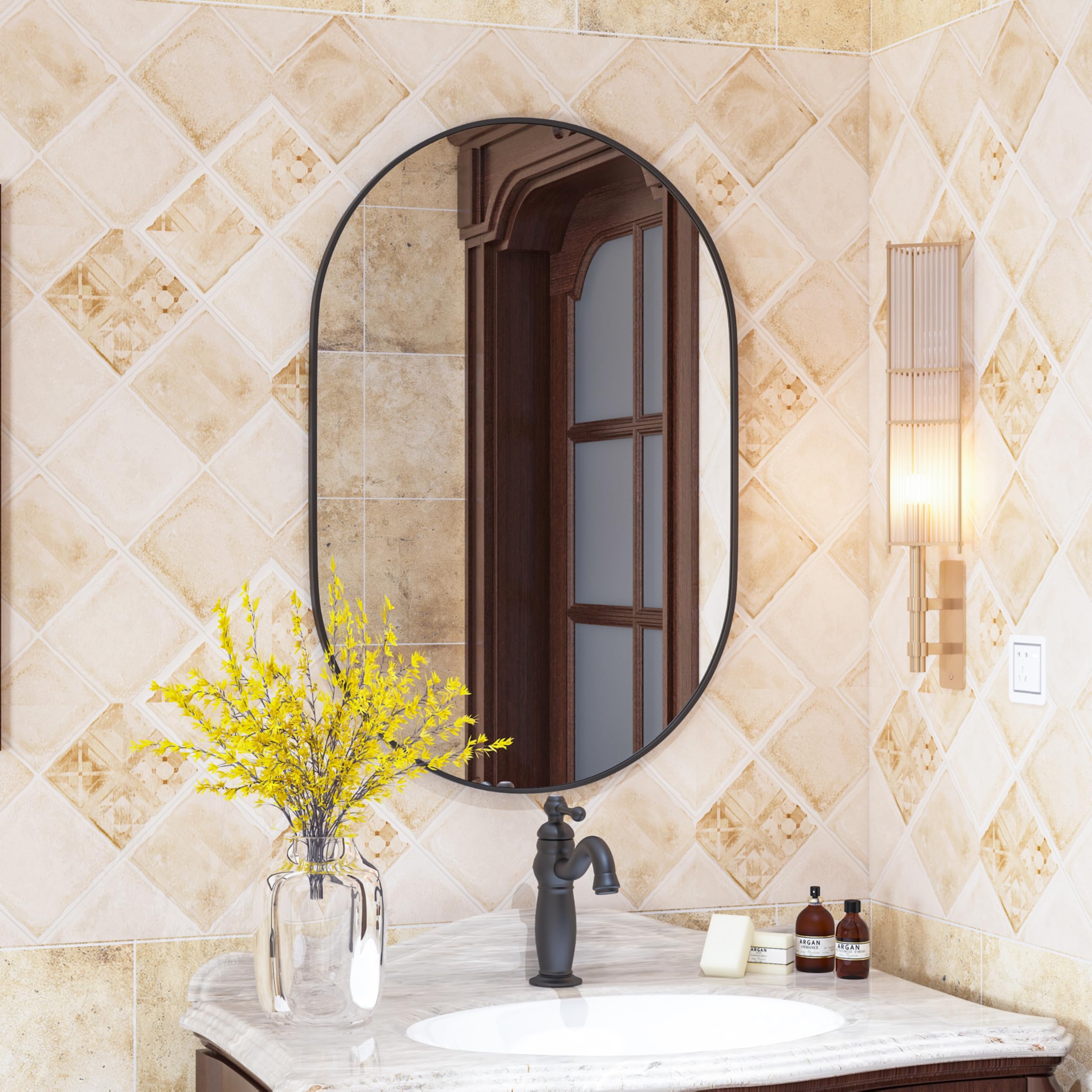 Schwarz Oval Badezimmer Wandspiegel, 50x75cm Oval Wandspiegel Dekor Eingang Weg, Eitelkeit Wand Spiegel für über Waschbecken, Eingang, Wohnzimmer, Flur, Schlafzimmer