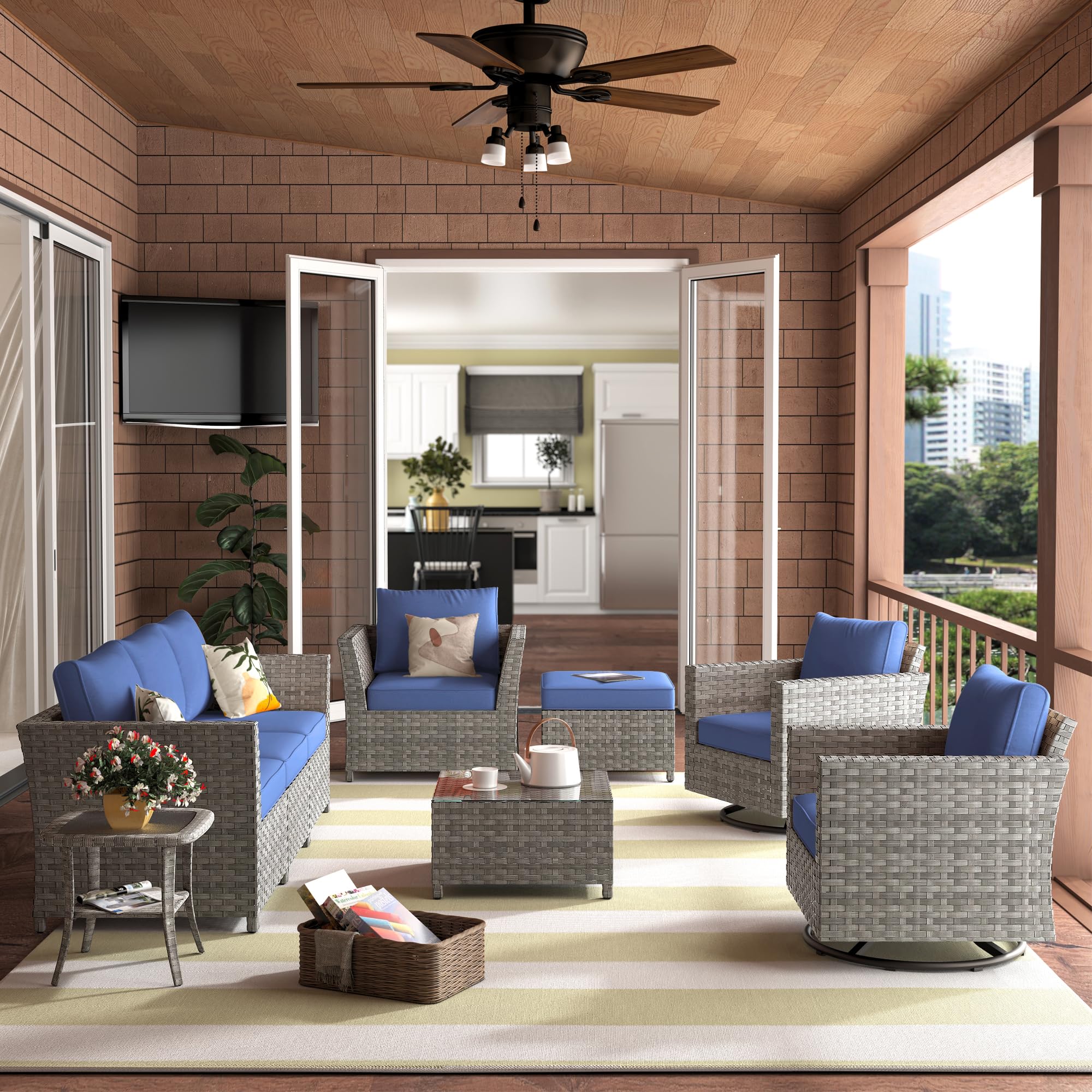 CAODOC 9 Pieces Outdoor Patio Furniture Set Wicker Sectional Sofa with Rocking Chair Tea Table Patio Rattan Conversation Chair Sofa Set