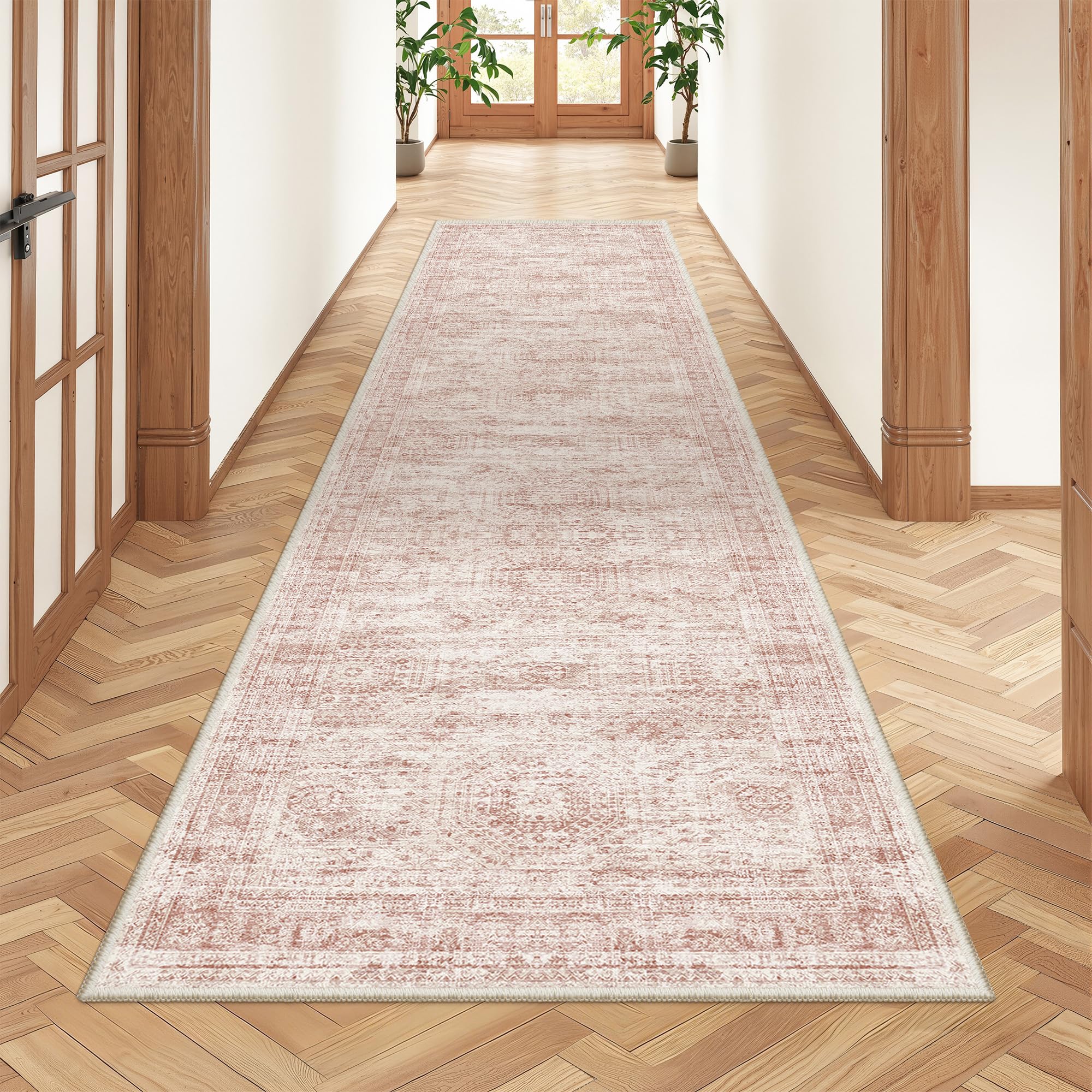 Restydon Carpet Runner for Hallway, Non Slip, 50 x 20 cm, Washable Runner with Rubber Backing, Soft Low Pile Rug for Kitchen, Laundry Room, Bathroom (60 x 200 cm, Pink/Ivory) — image 1