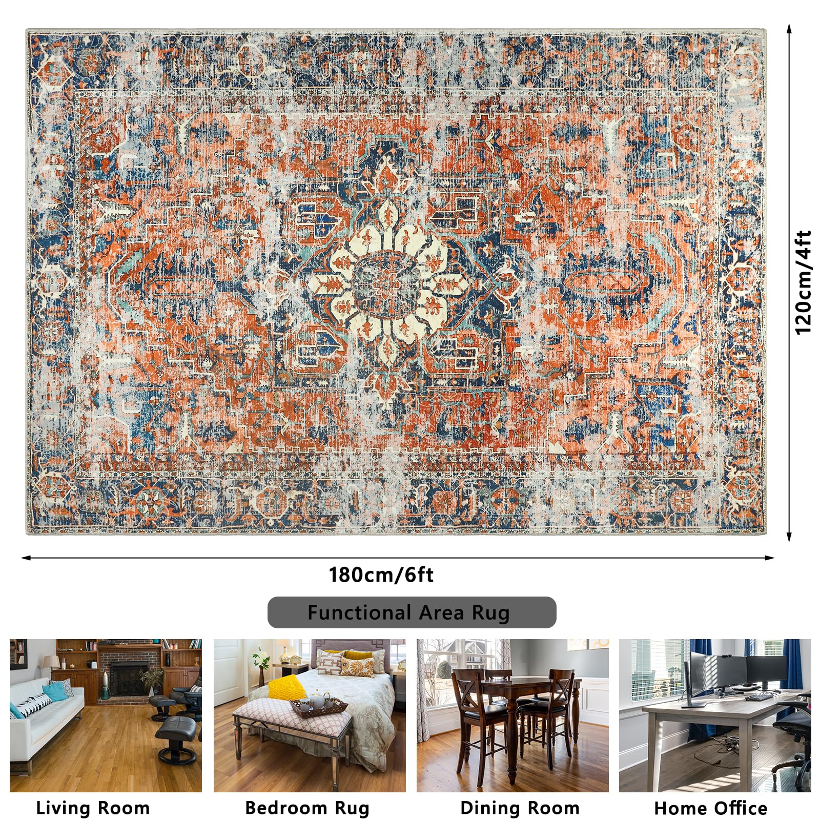 VSIWB Vintage Colorful Area Rugs 4x6 Non-Slip Machine Washable Boho Distressed Art Accent Throw Rug Low Pile Bedroom Floor Carpet Rug for Living Room Bedroom Home Office Decor