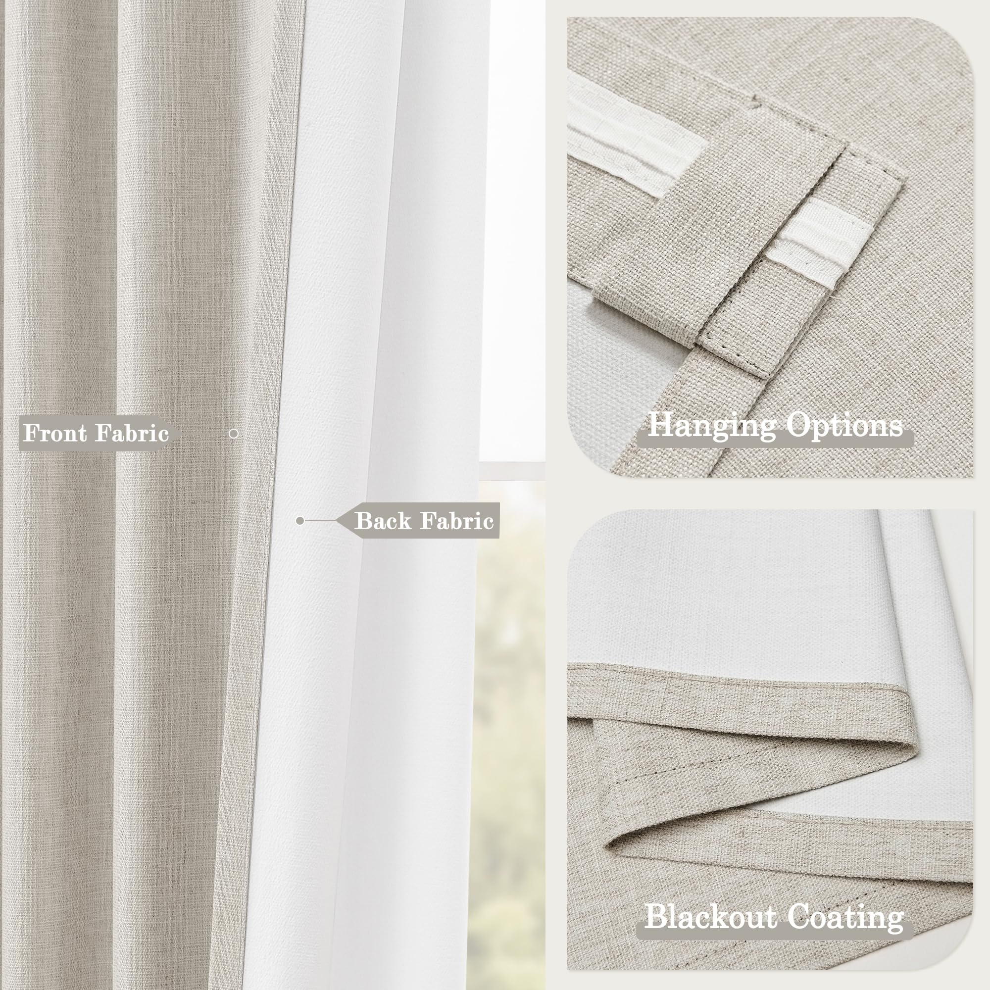 Cortinas opacas de 102 pulgadas de largo para dormitorio, modernas, elegantes, para sala de estar, oscurecimiento de lino natural, cortinas blancas texturizadas, con aislamiento térmico,
