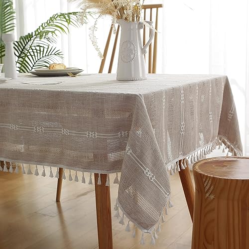 Miniatura 7 de Gernaice Mantel bordado de rayas rústicas con borlas pesadas, mantel rectangular de lino y algodón, sin arrugas, lavable, para café, sala de estar,